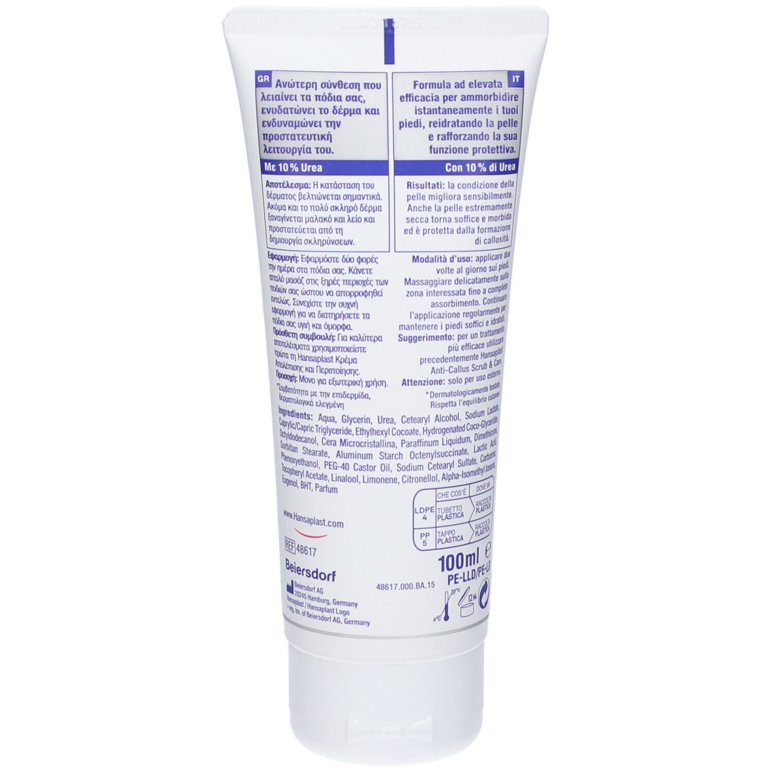 Retro del tubo Hansaplast. Testo multilingue, ingredienti e informazioni produttore.