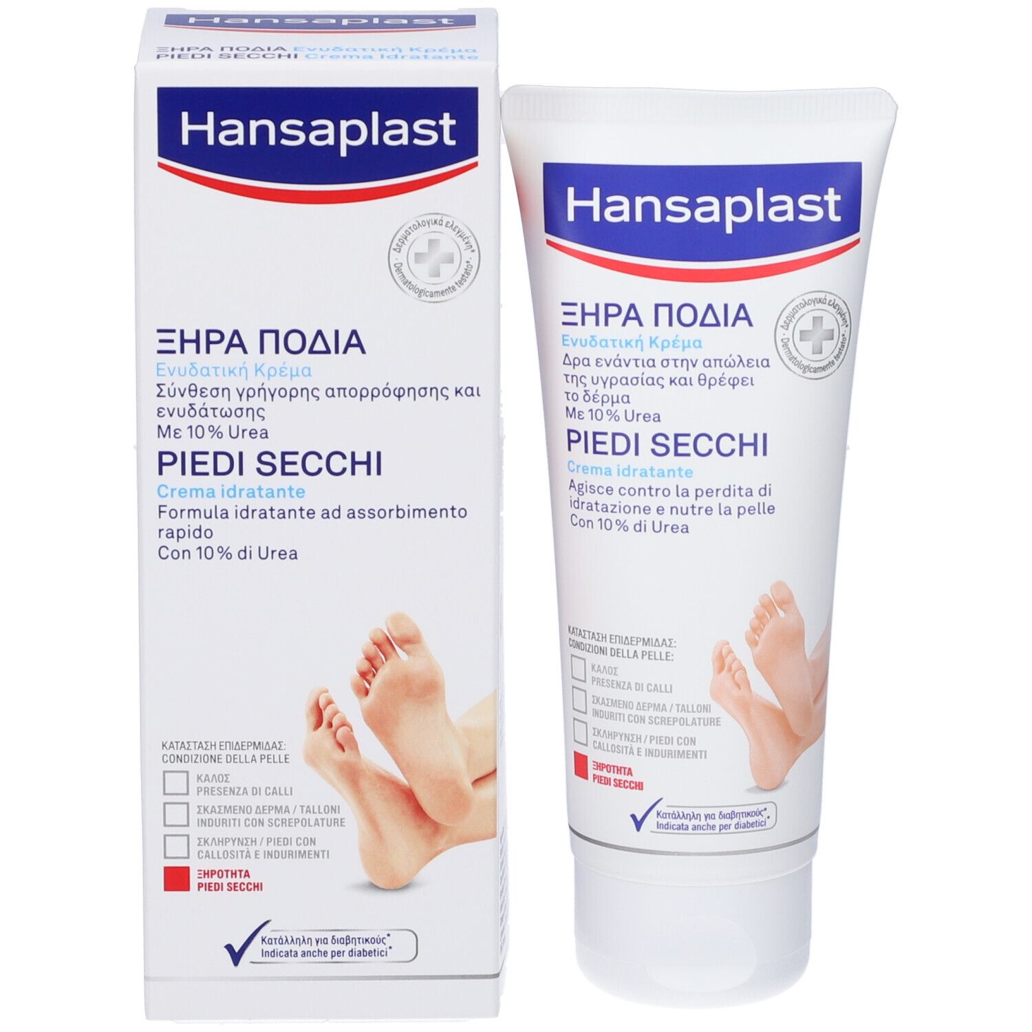 Confezione e tubo Hansaplast. Scritta 'PIEDI SECCHI' e immagine piedi.