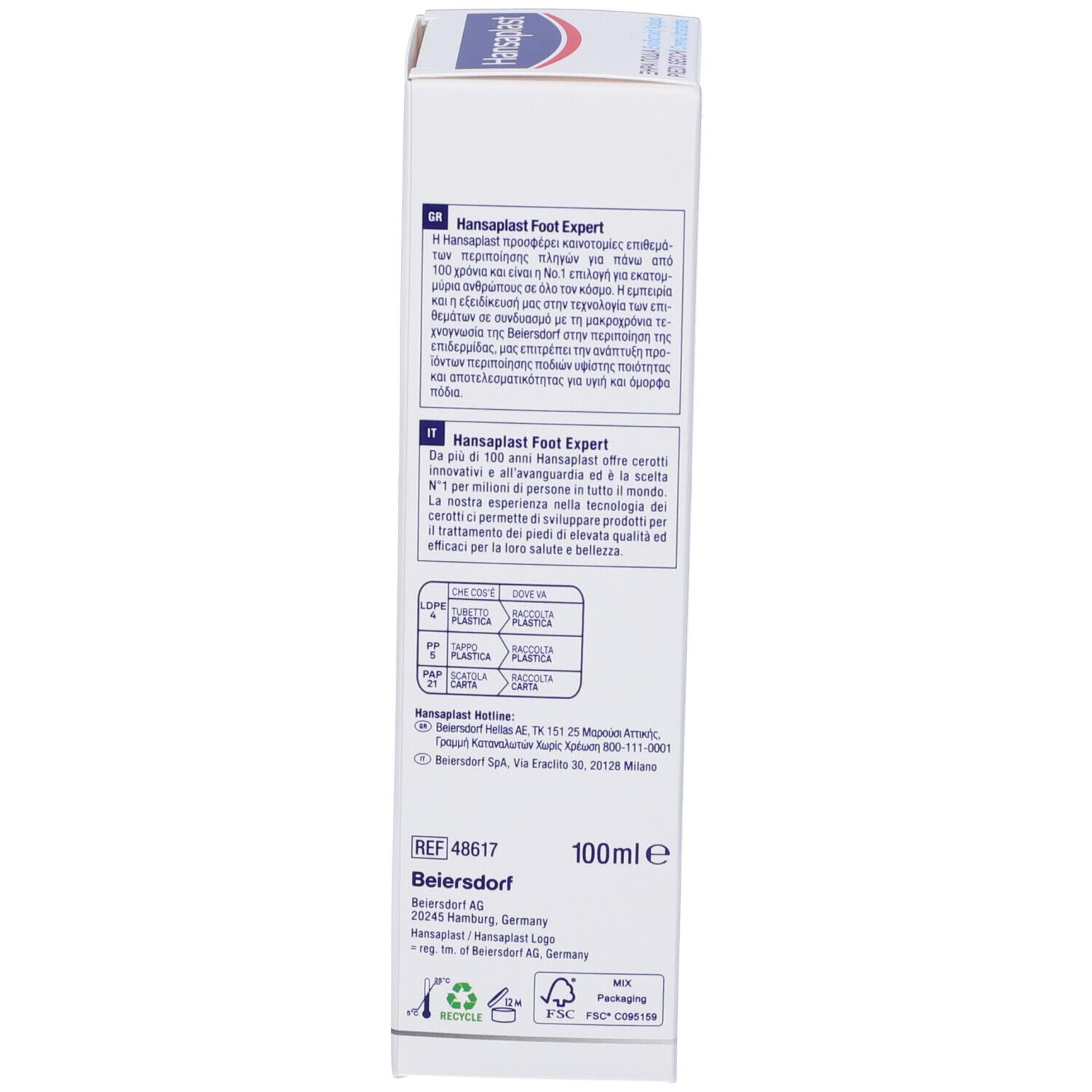 Lato della confezione Hansaplast. Testo e logo. Volume: 100ml.