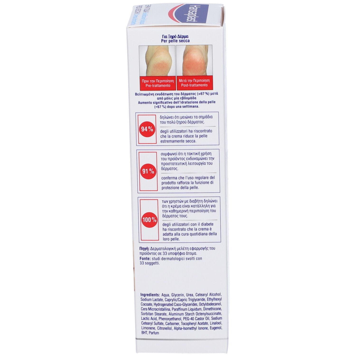 Lato della confezione Hansaplast. Diagrammi e ingredienti. Per pelle secca.