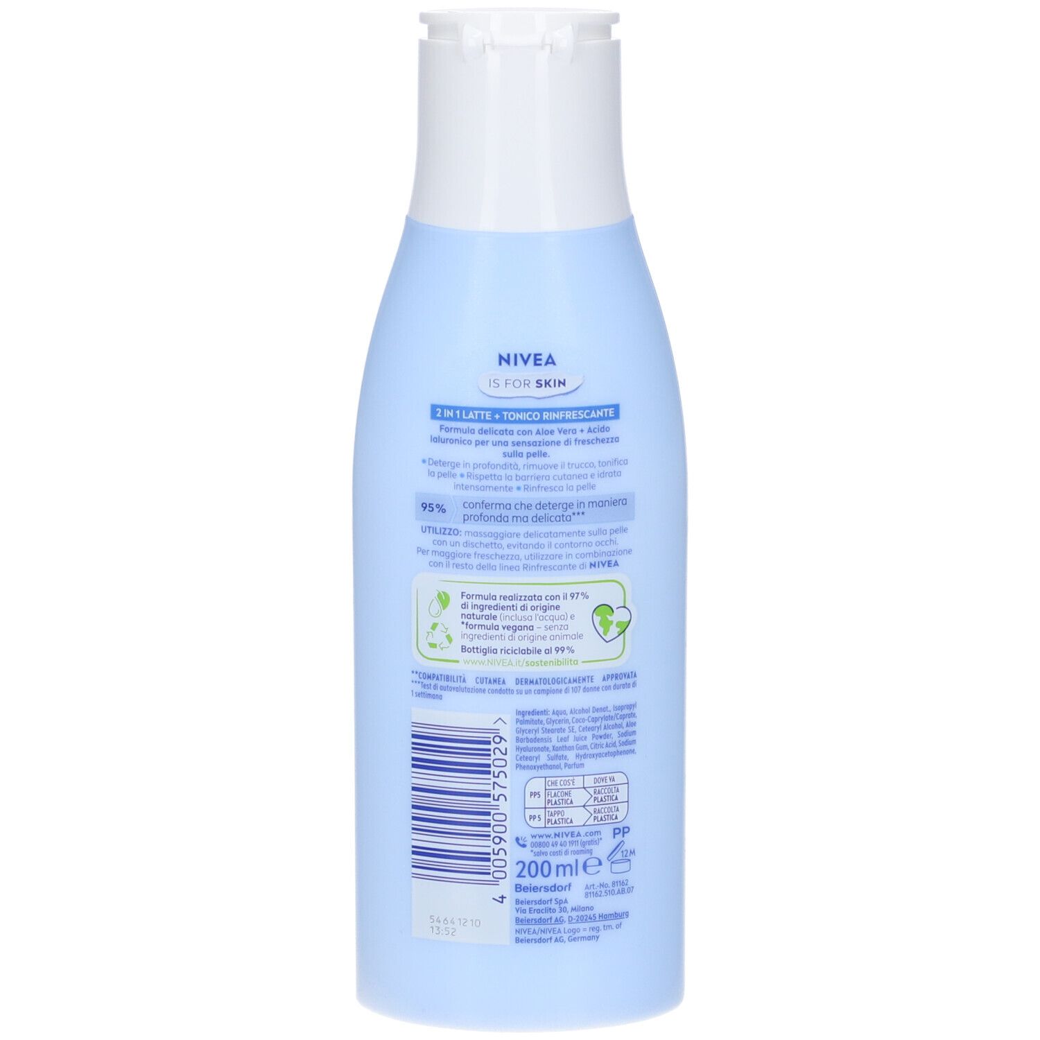 Retro del flacone azzurro. Scritta: NIVEA, 2 in 1 Latte + Tonico. Testo e loghi.