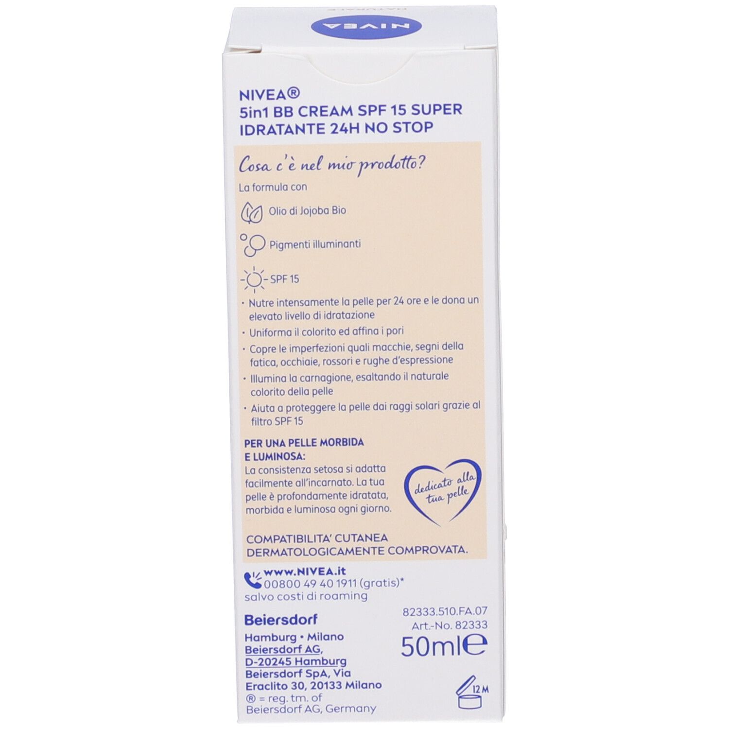 Nivea 5 in 1 BB Cream Super Idratante 24H No Stop Naturale 50 ml, Crema viso colorata con SPF15