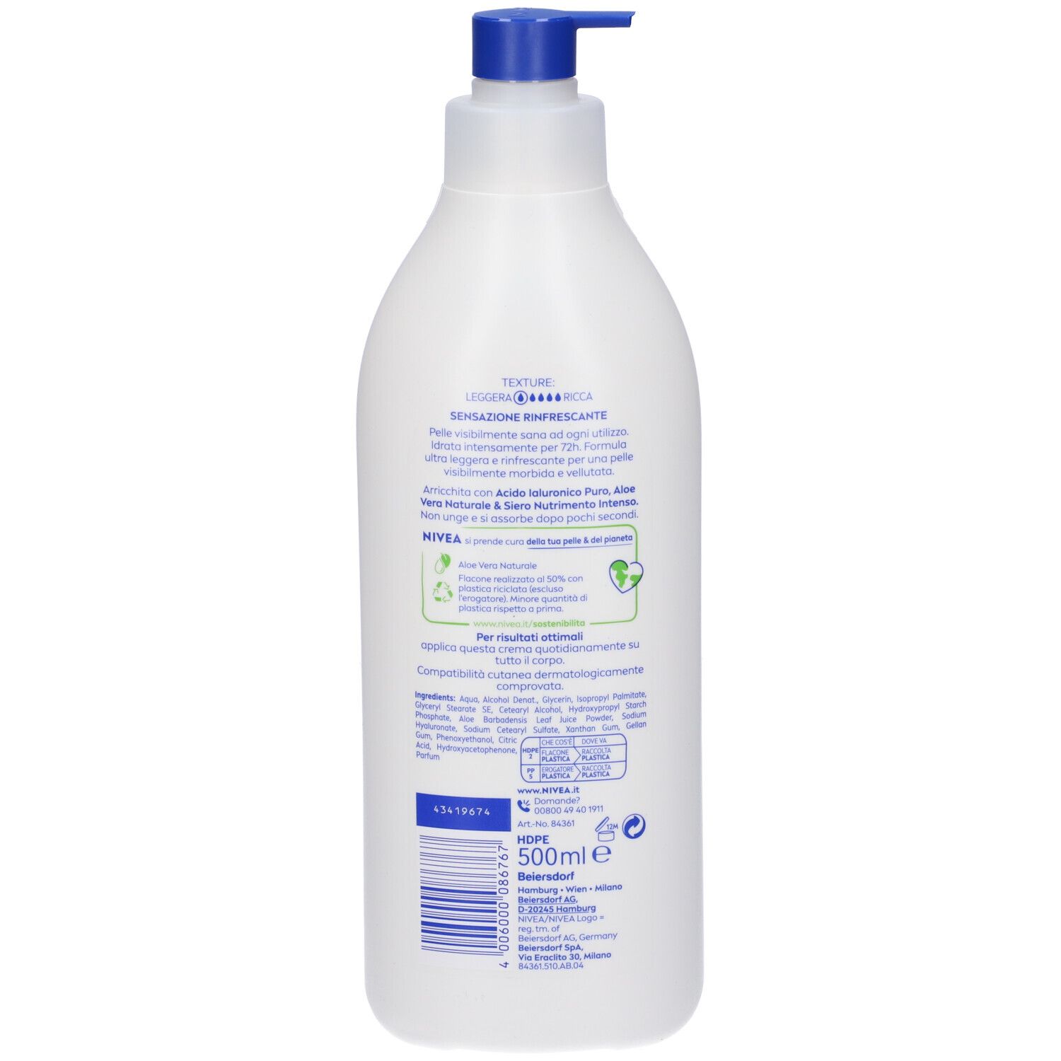Nivea Crema Corpo Aloe Idratante 500 ml, Crema idratante corpo 72h per pelle secca o normale