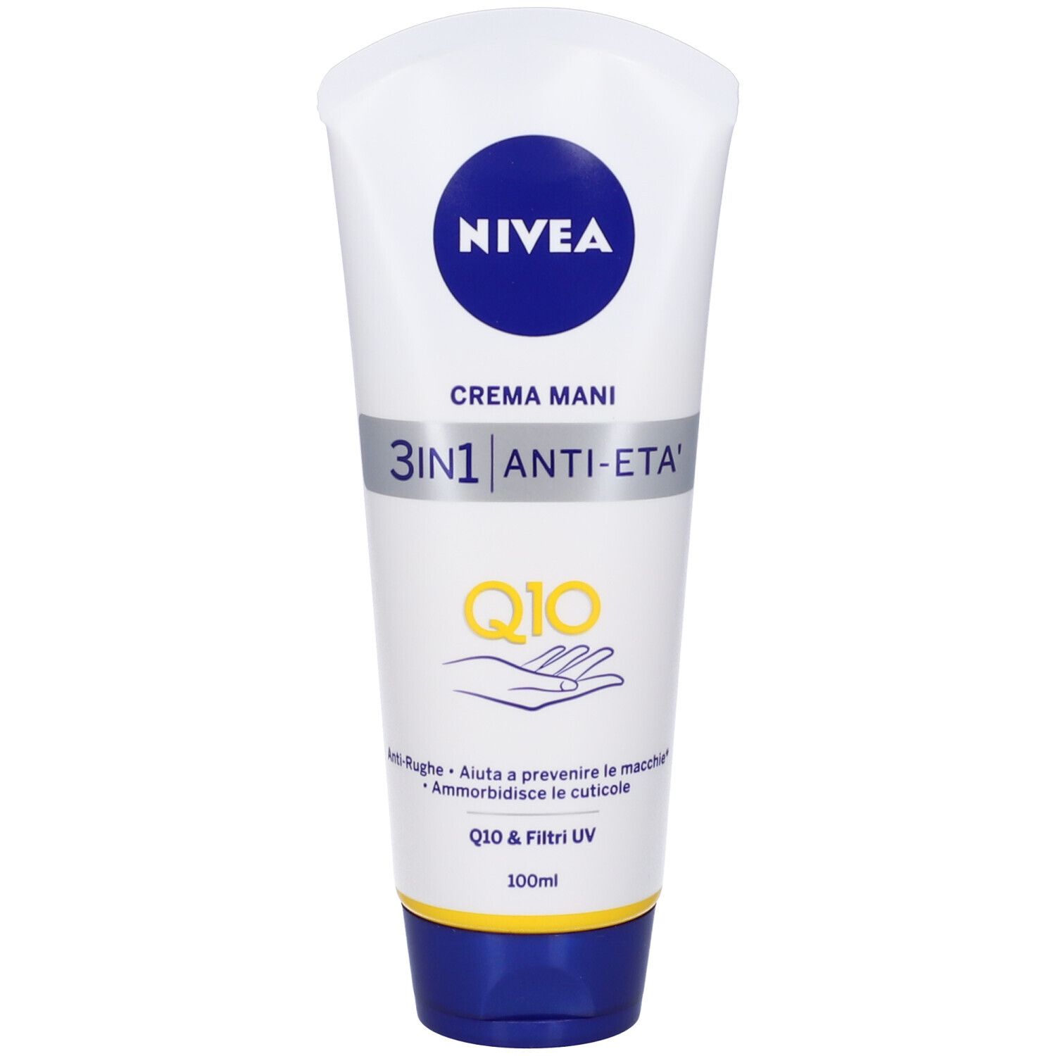 Nivea Q10 Crema Mani 3in1 Anti-Età Q10 100 ml, Crema mani idratante antirughe e antimacchie con Q0