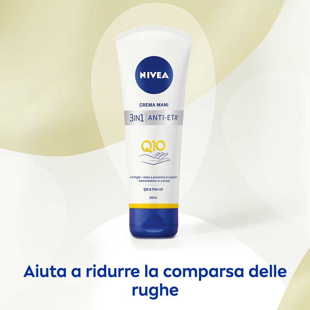 Nivea Q10 Crema Mani 3in1 Anti-Età Q10 100 ml, Crema mani idratante antirughe e antimacchie con Q0