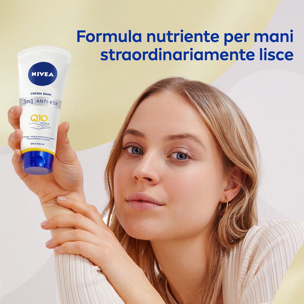 Nivea Q10 Crema Mani 3in1 Anti-Età Q10 100 ml, Crema mani idratante antirughe e antimacchie con Q0
