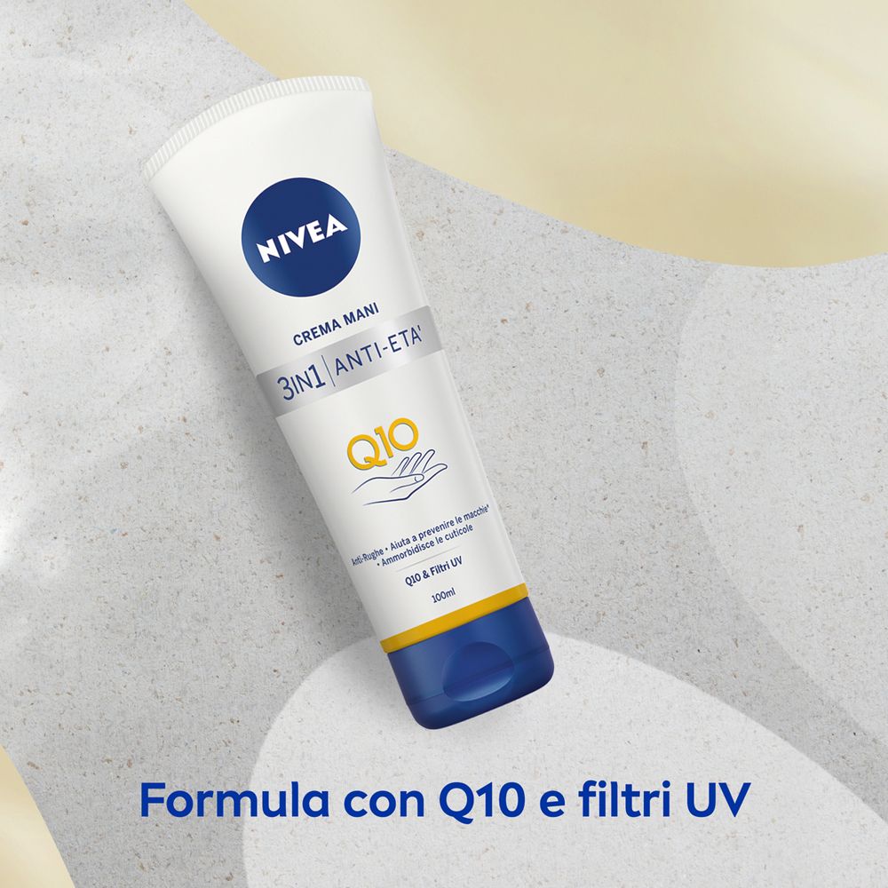 Nivea Q10 Crema Mani 3in1 Anti-Età Q10 100 ml, Crema mani idratante antirughe e antimacchie con Q0