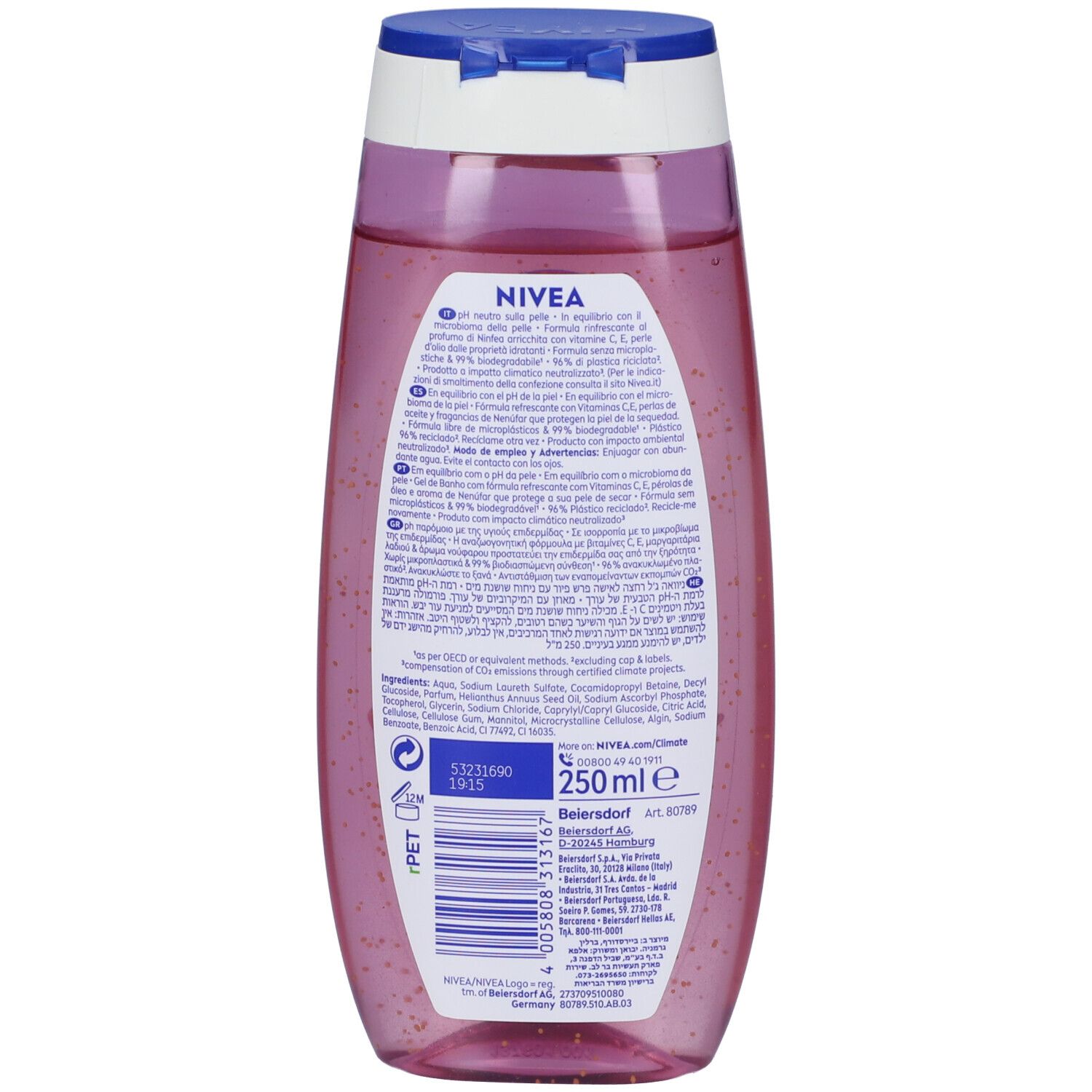 Retro della bottiglia di gel doccia NIVEA. Liquido rosa visibile. Etichetta con informazioni sul prodotto, ingredienti e codice a barre.
