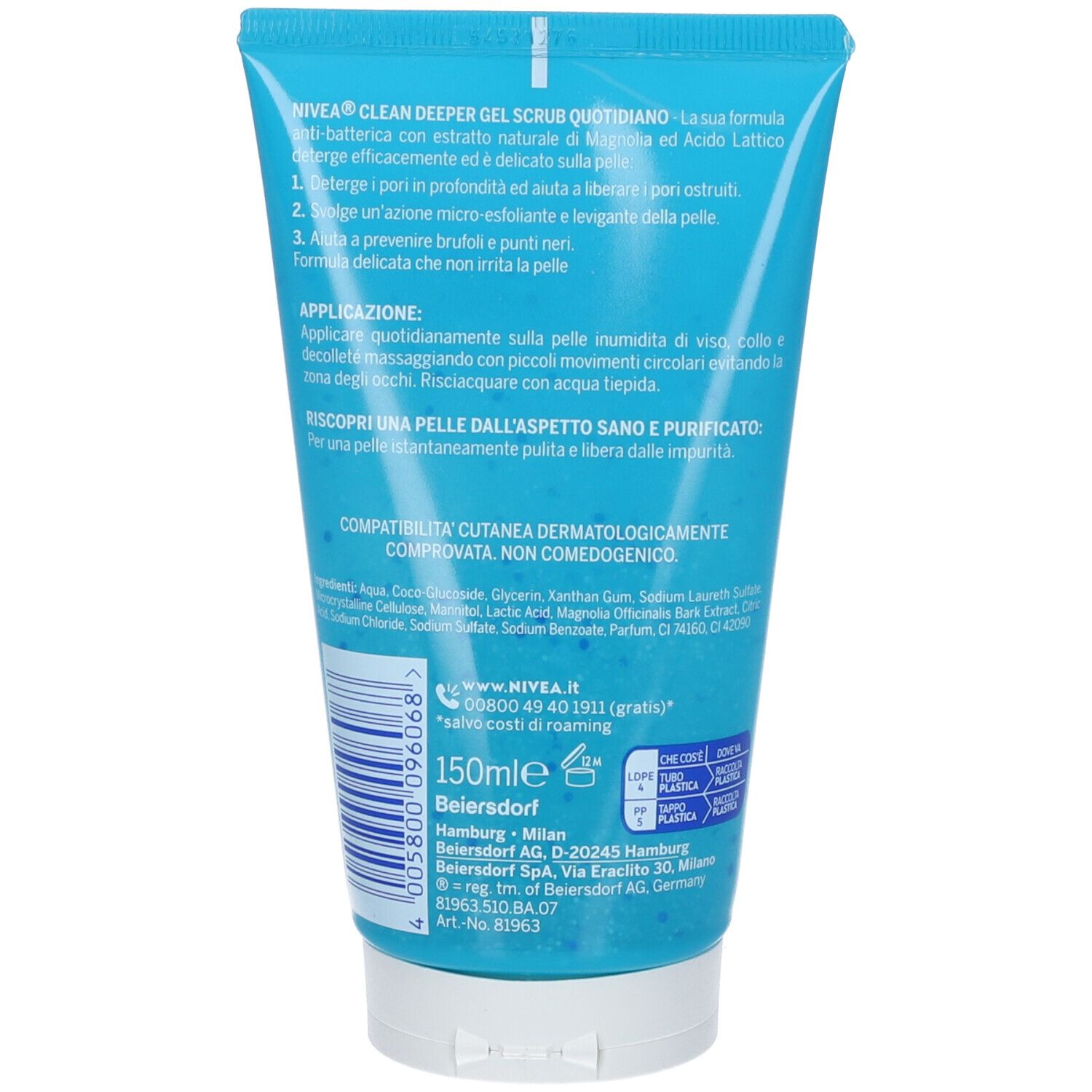 Retro del tubo blu. Informazioni testuali, ingredienti, dettagli del produttore e 150ml.