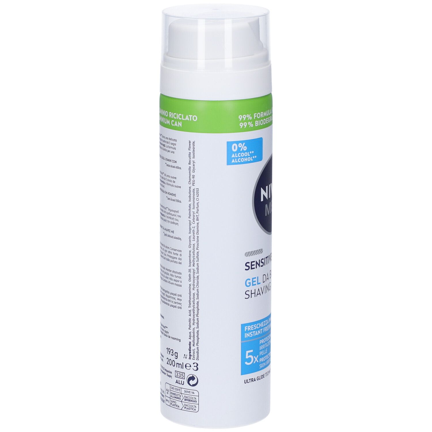 Retro del flacone di gel da barba NIVEA MEN Sensitive Cool. Informazioni testuali e composizione visibili.