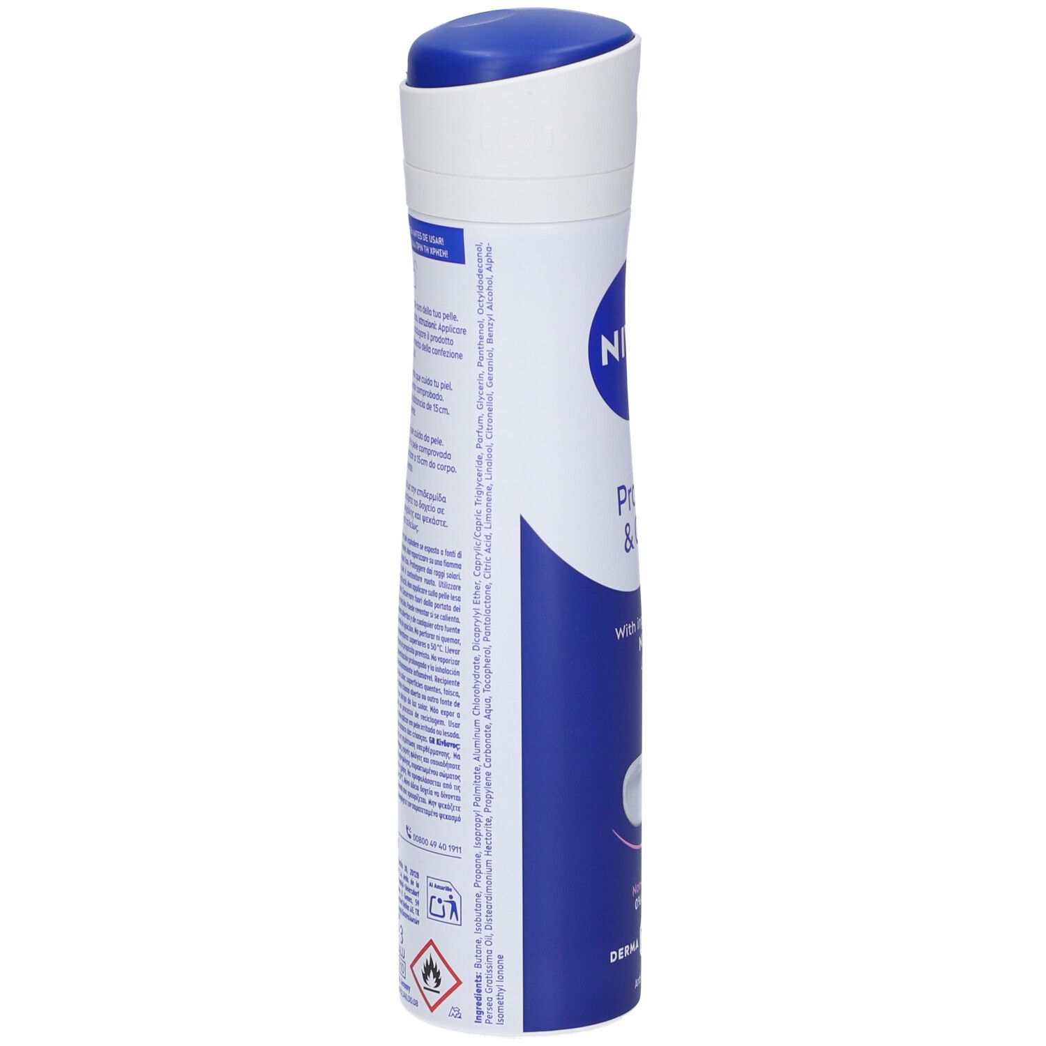 Spray NIVEA Protect & Care. Vista laterale del flacone. Testo sul retro. Contiene informazioni e avvertenze.