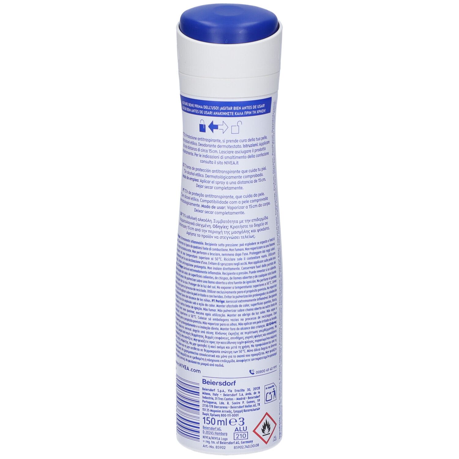 Spray NIVEA Protect & Care. Retro del flacone. Testo con ingredienti e istruzioni. 150ml.