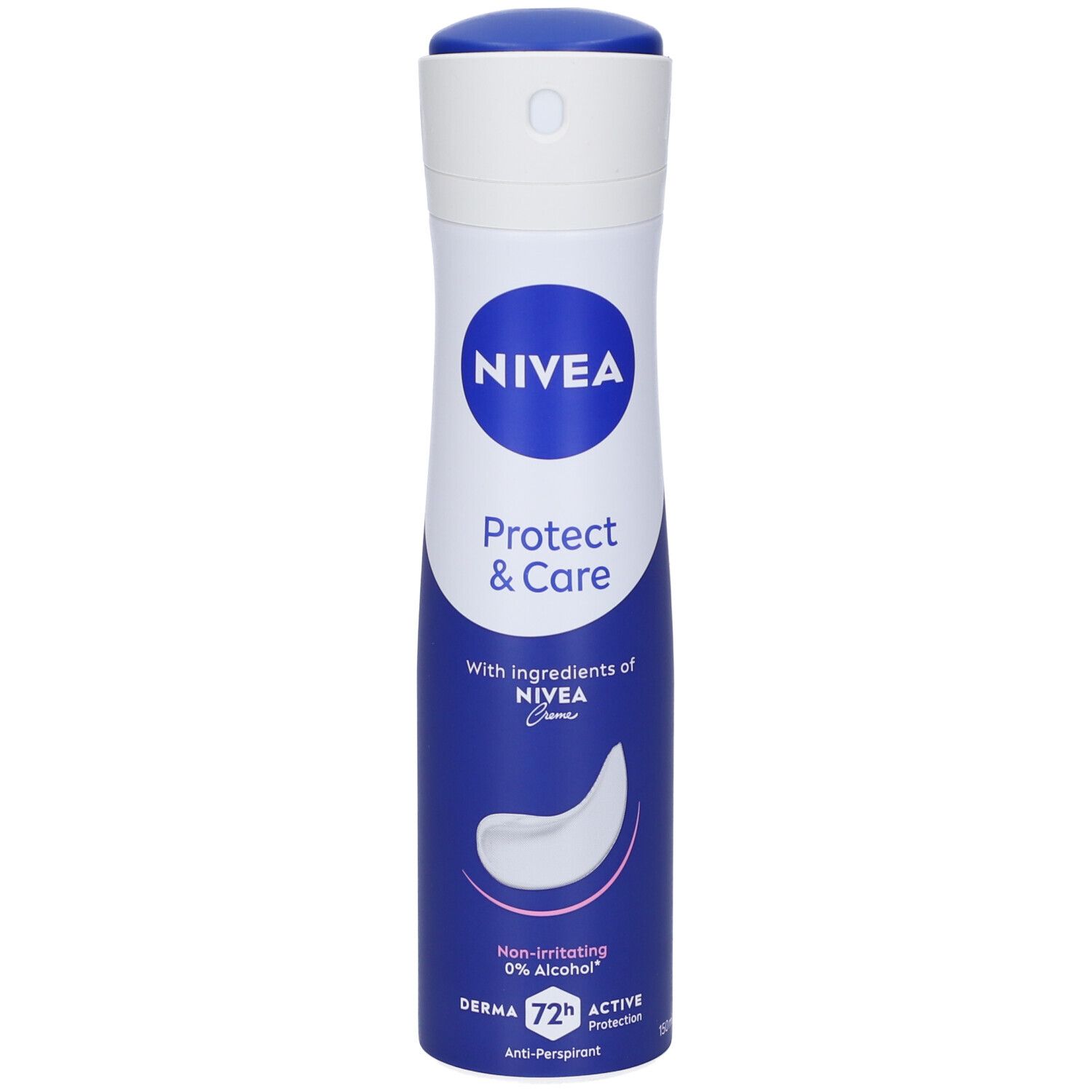 Spray NIVEA Protect & Care. Flacone bianco e blu. Contiene crema NIVEA. 0% alcool. 72h Active Protection. Anti-traspirante.