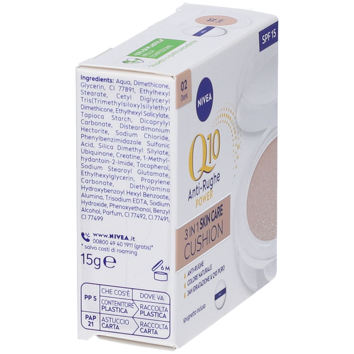 Vista laterale della confezione NIVEA Q10 Anti-Rughe Power 3-in-1 Skin Care Cushion. Ingredienti e informazioni.