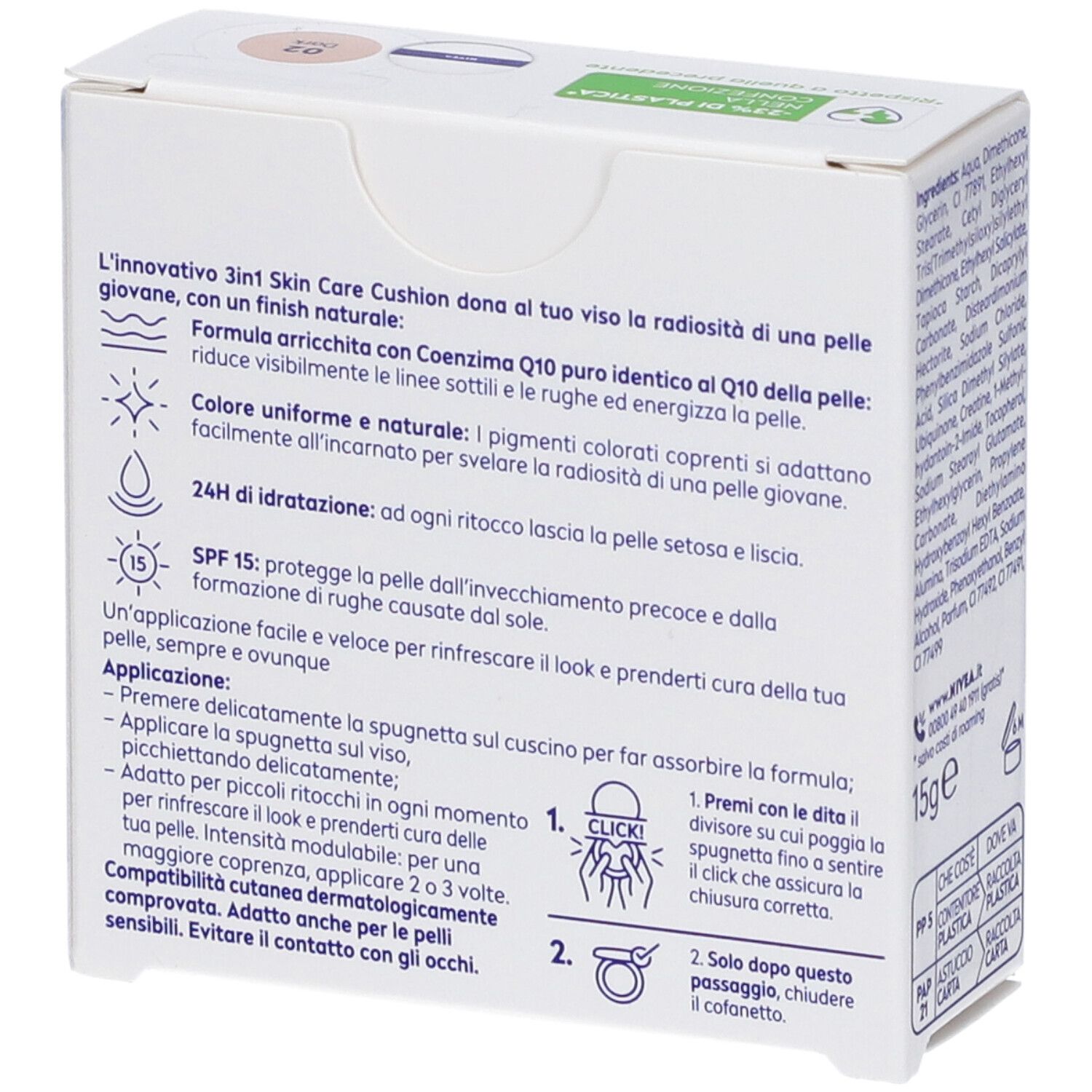 Retro della confezione NIVEA Q10 Anti-Rughe Power 3-in-1 Skin Care Cushion. Istruzioni per l'uso.