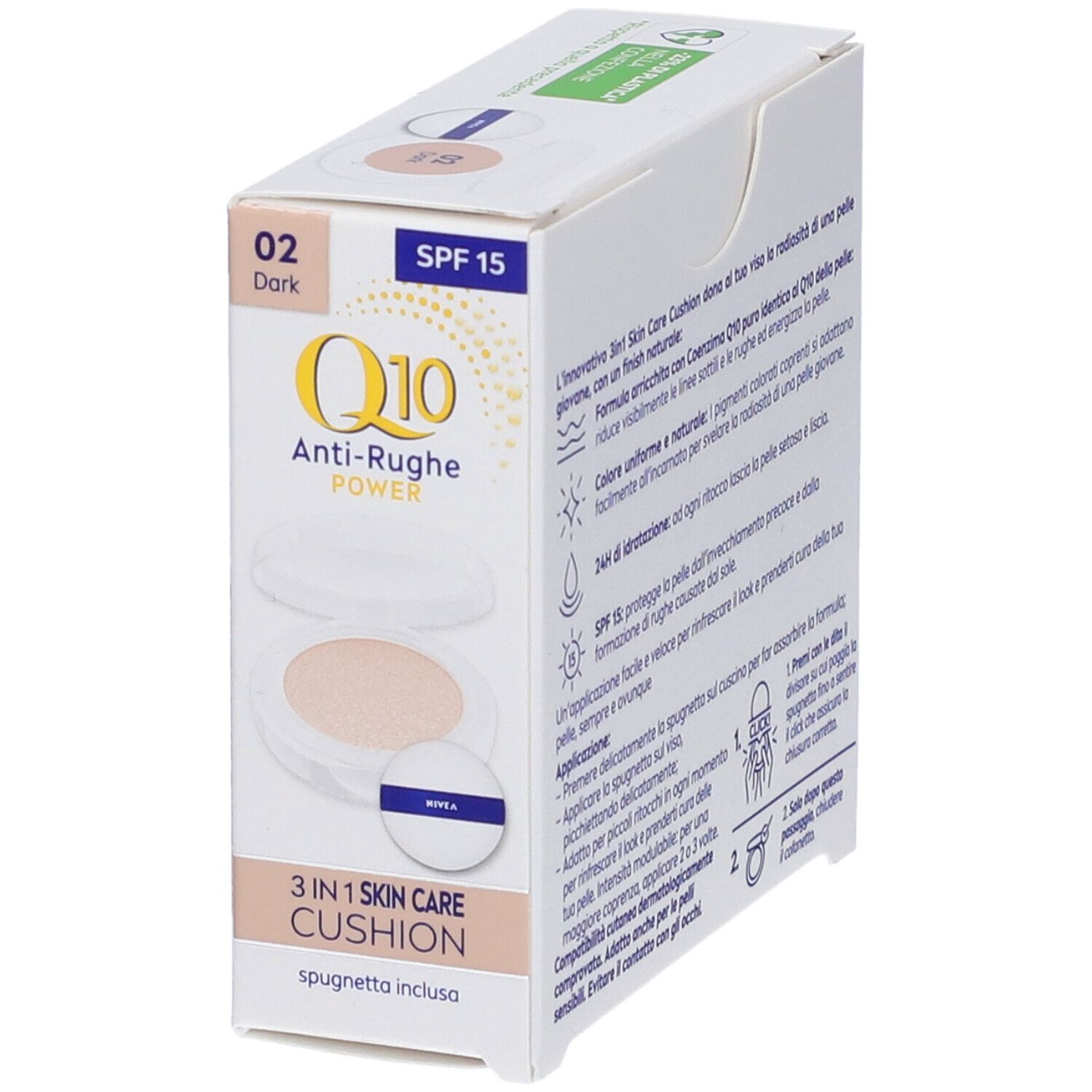 Confezione NIVEA Q10 Anti-Rughe Power 3-in-1 Skin Care Cushion. Prodotto e confezione aperta visibili.