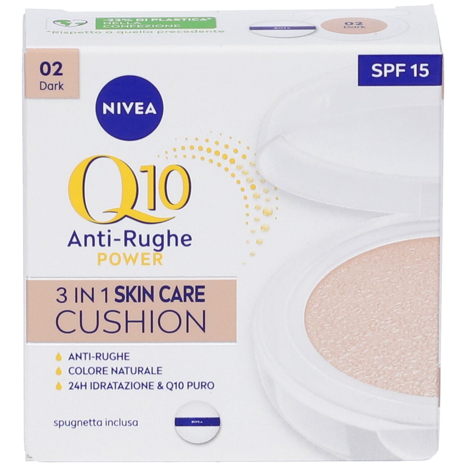 Vista frontale della confezione NIVEA Q10 Anti-Rughe Power 3-in-1 Skin Care Cushion. Prodotto e spugnetta.