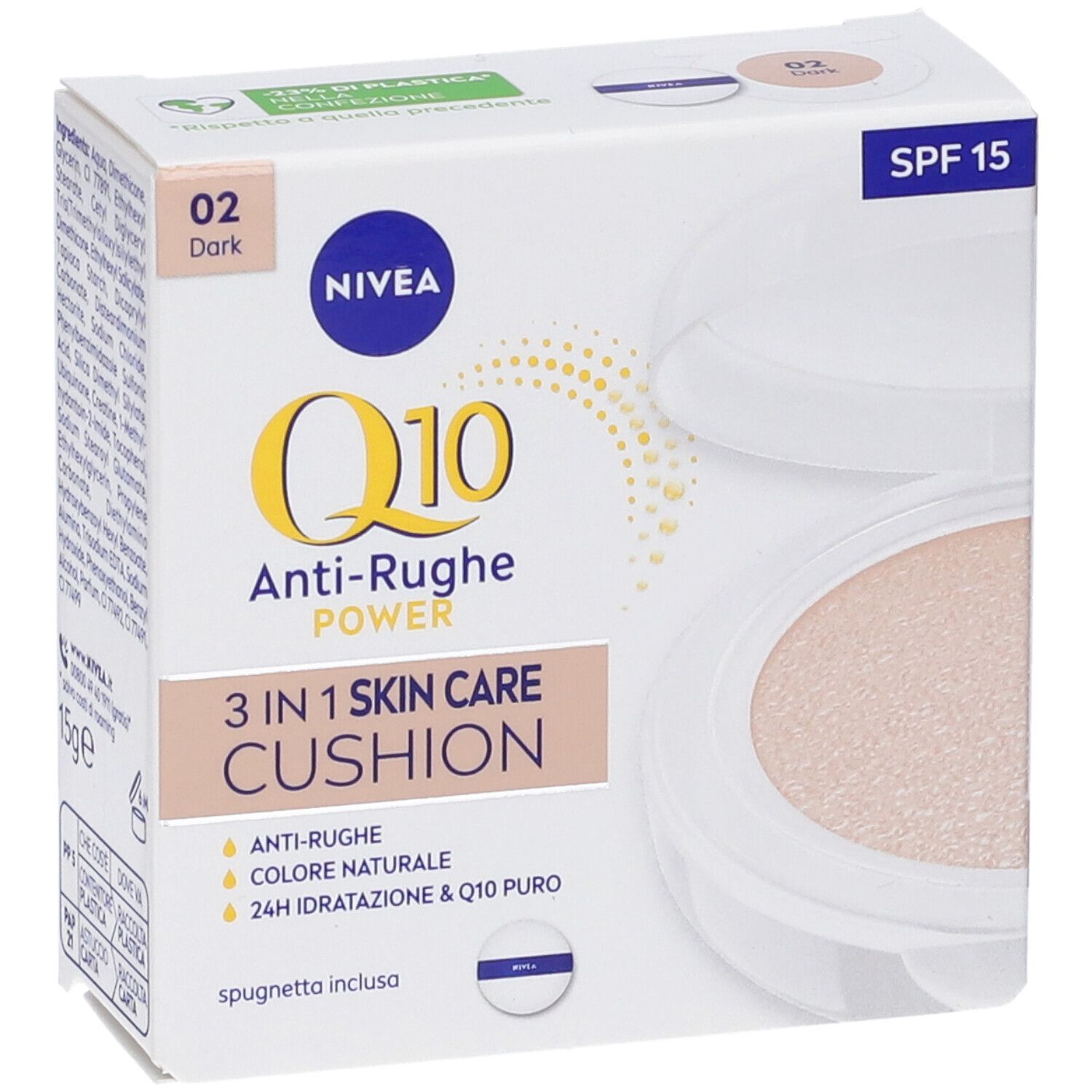 Confezione NIVEA Q10 Anti-Rughe Power 3-in-1 Skin Care Cushion. Prodotto, spugnetta e informazioni.