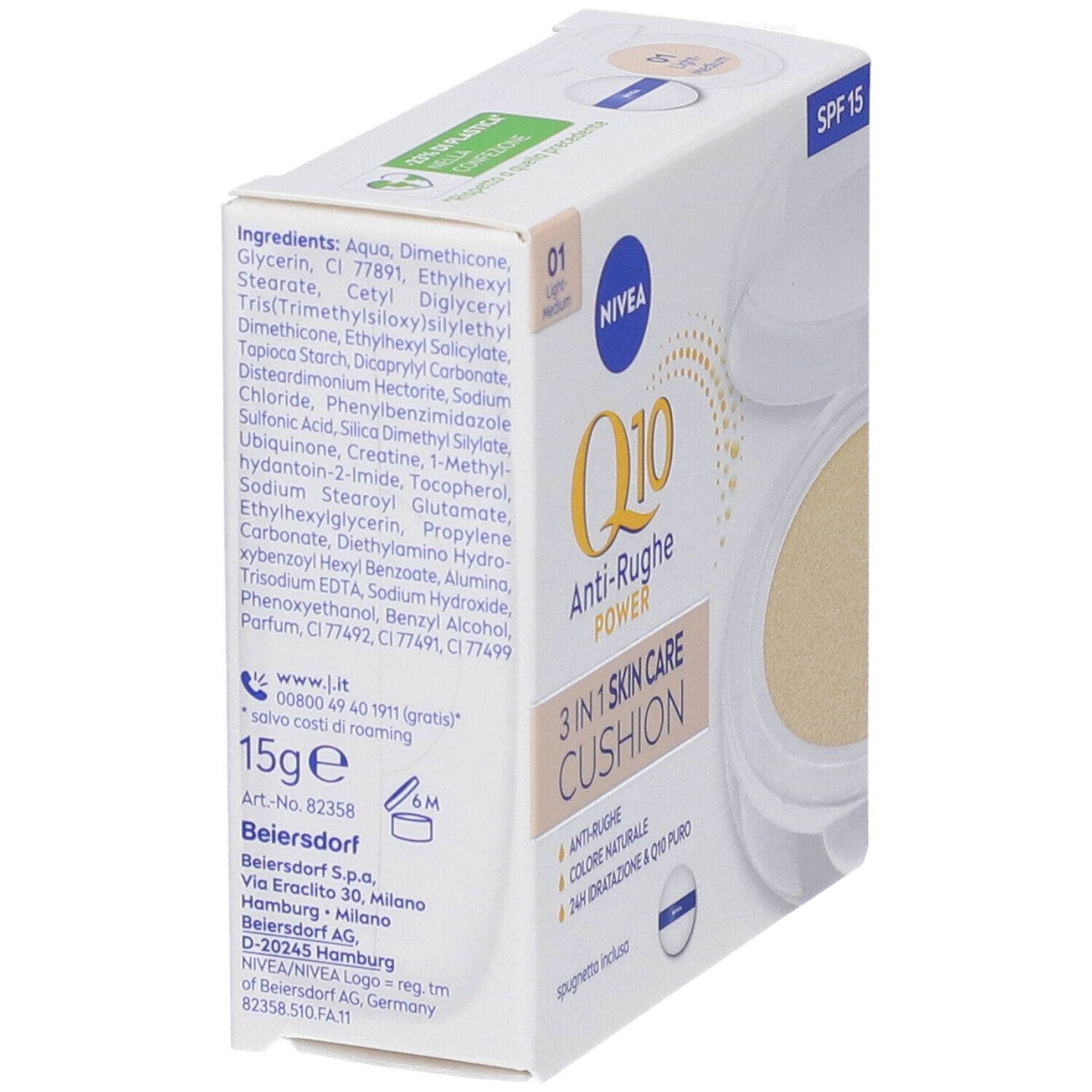 Vista laterale della confezione del cuscino per la cura della pelle NIVEA Q10 Anti-Rughe 3 in 1. Ingredienti e informazioni del produttore.