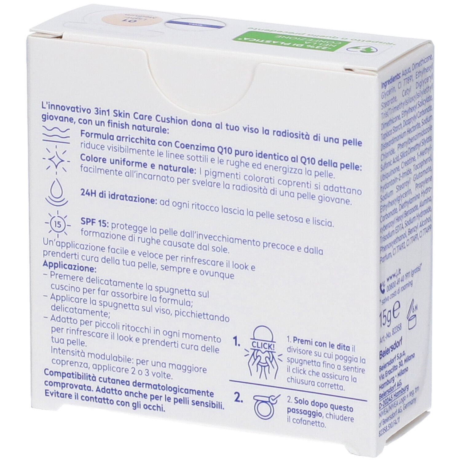 Retro della confezione del cuscino per la cura della pelle NIVEA Q10 Anti-Rughe 3 in 1. Informazioni sul prodotto e istruzioni per l'uso.