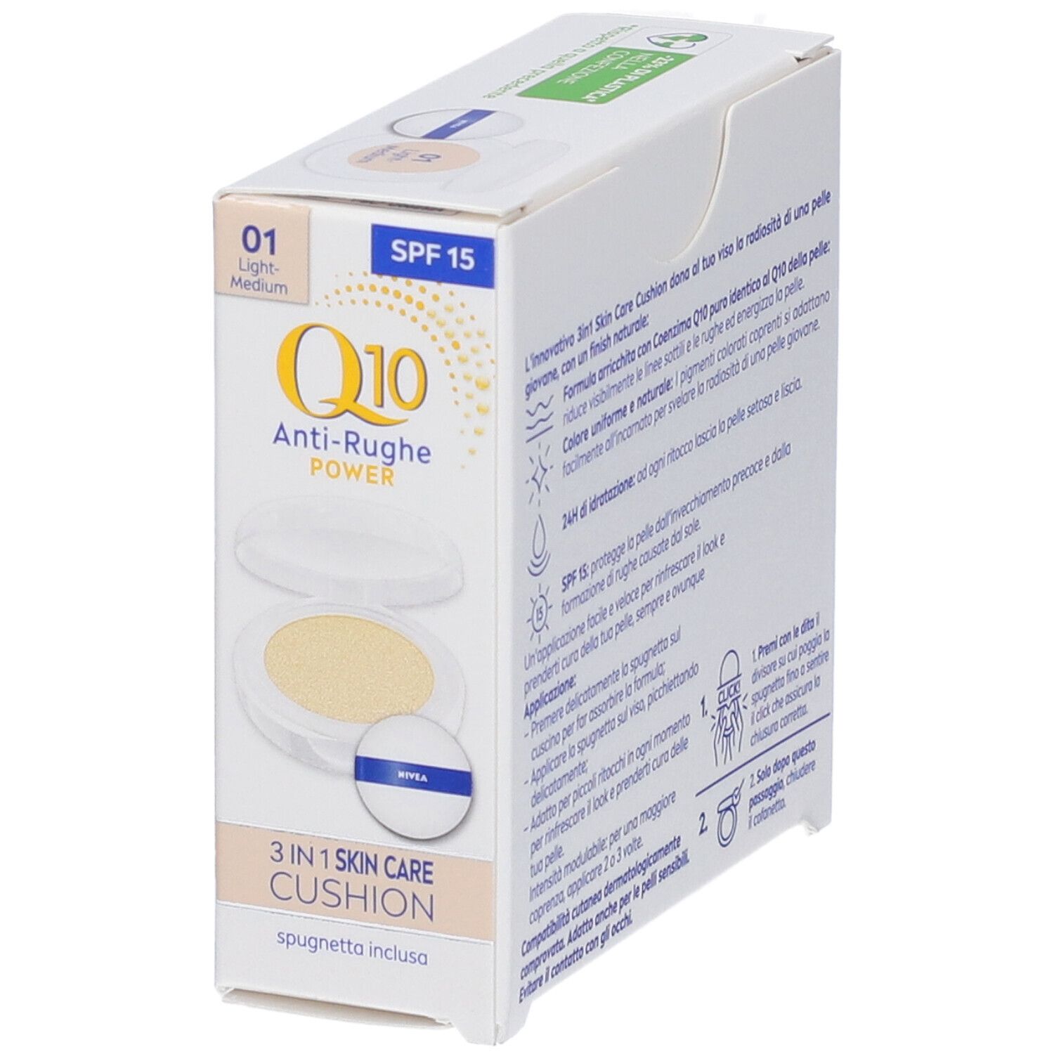 Cuscino per la cura della pelle NIVEA Q10 Anti-Rughe 3 in 1. Confezione bianca con immagine del prodotto. SPF 15. Informazioni sul prodotto.
