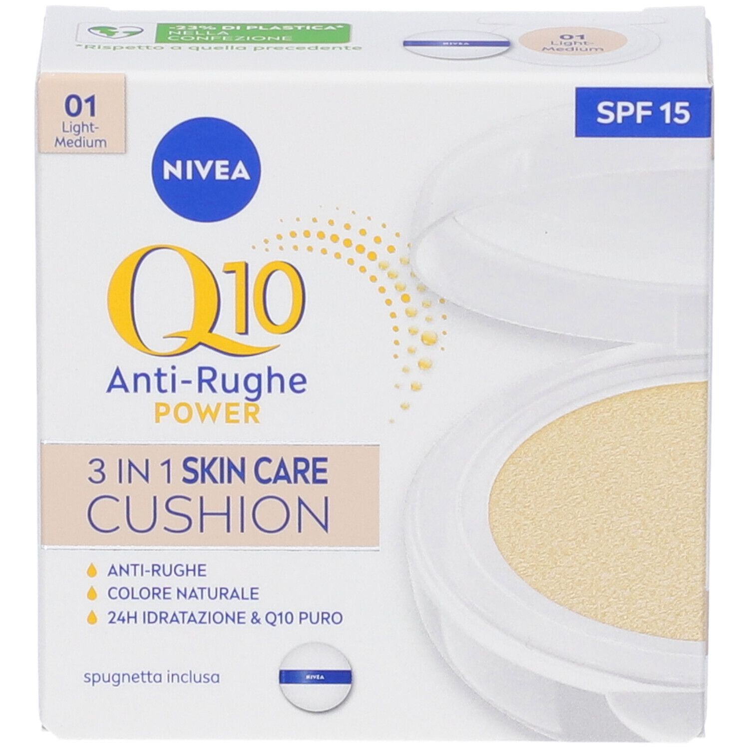 Cuscino per la cura della pelle NIVEA Q10 Anti-Rughe 3 in 1. Confezione bianca con immagine del prodotto. SPF 15. Informazioni sul prodotto.