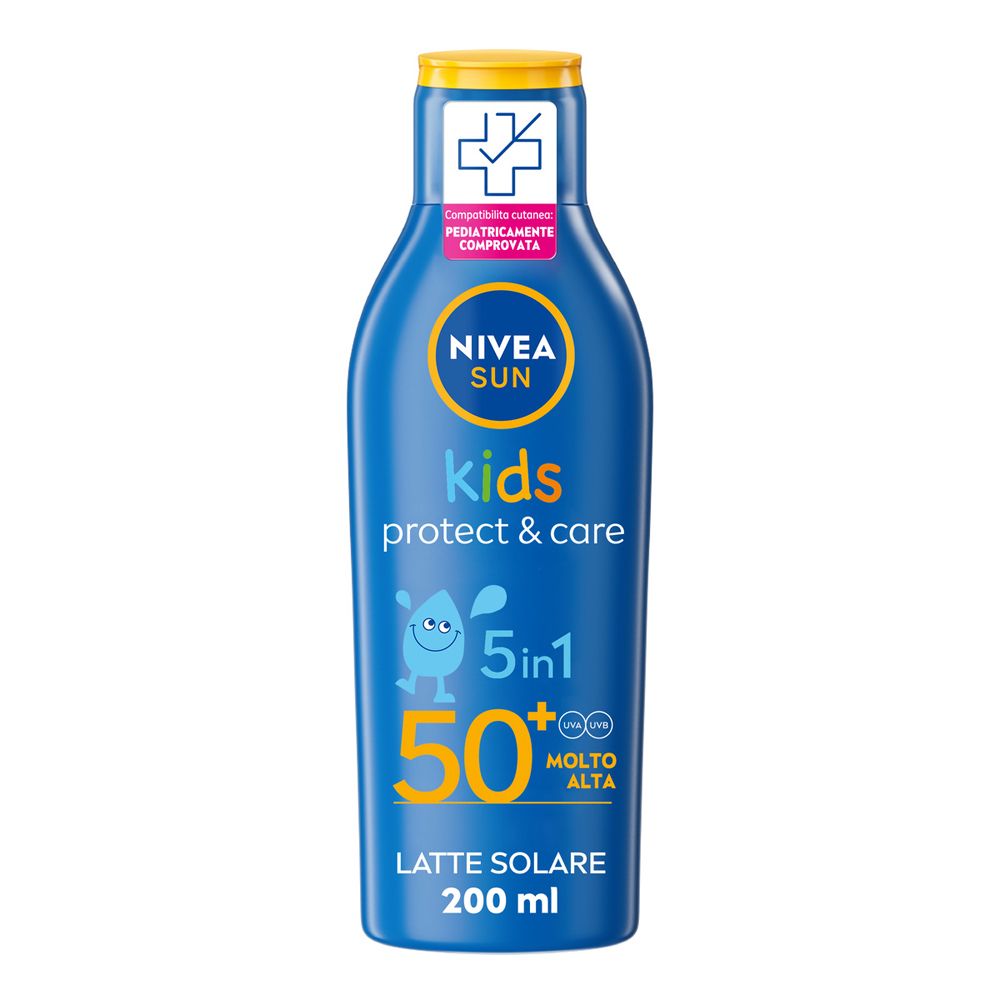 Nivea Sun Latte Solare Kids Protect & Care FP50+ 200 ml, Crema solare per bambini waterproof