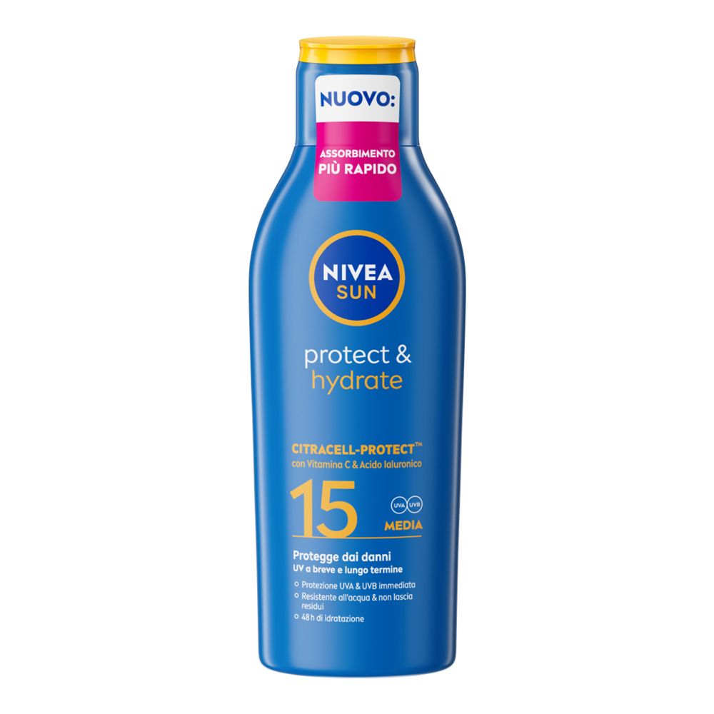 Nivea Sun Latte Solare Protect & Hydrate SPF15 200 ml, Crema solare 15 idratante per 48 ore