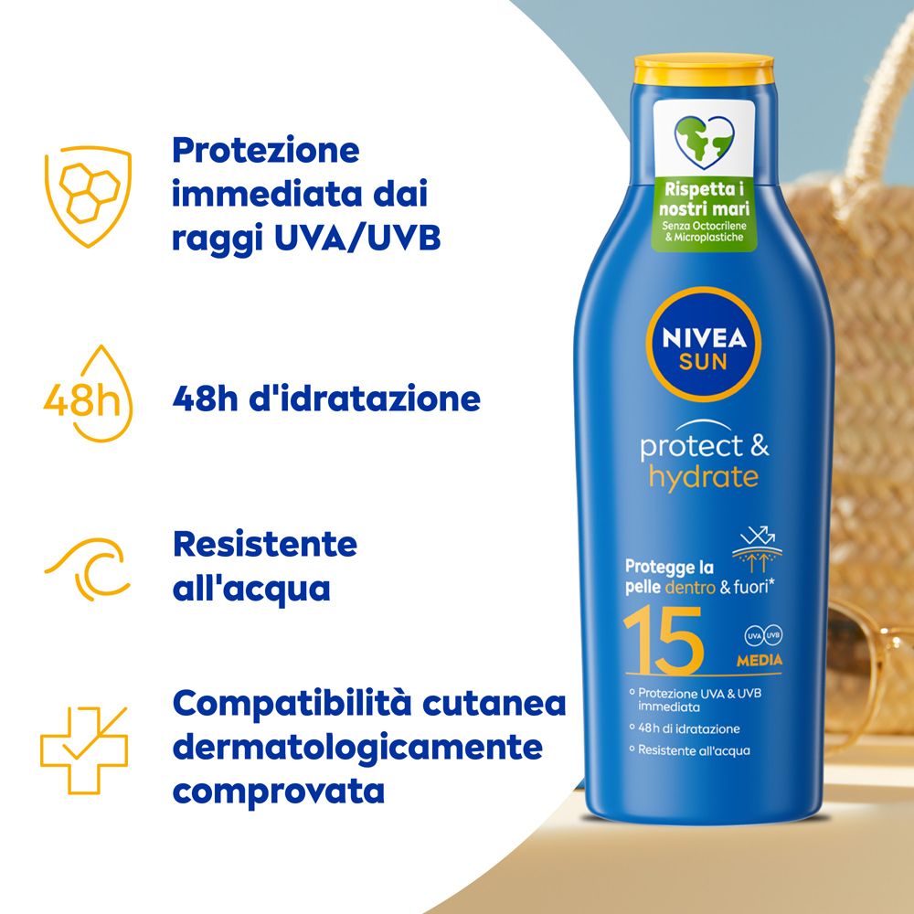 Nivea Sun Latte Solare Protect & Hydrate SPF15 200 ml, Crema solare 15 idratante per 48 ore