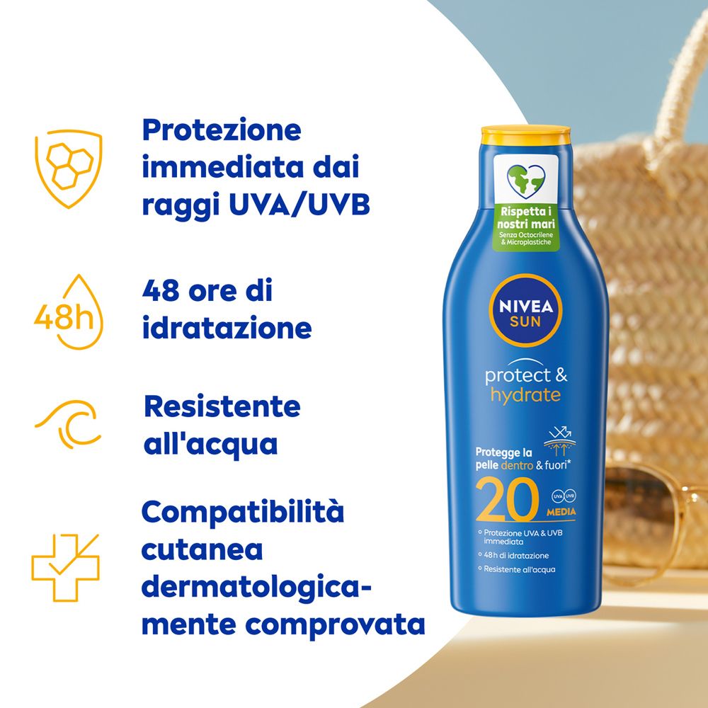 Nivea Sun Latte Solare Protect & Hydrate SPF20 200 ml, Crema solare 20 idratante per 48 ore