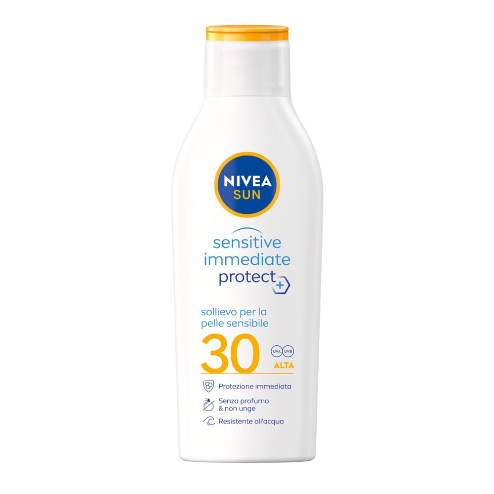 Nivea Sun Latte Solare Sensitive Immediate Protect FP30 200 ml, Crema solare per pelli sensibili