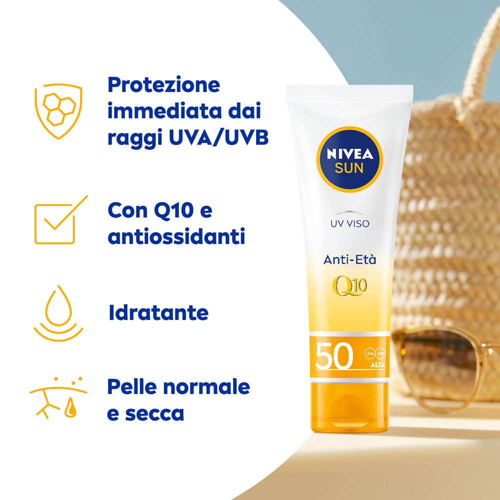 Nivea Sun UV Viso Anti-Età FP50 50 ml, Crema solare viso antirughe e antimacchie con Coenzima Q10