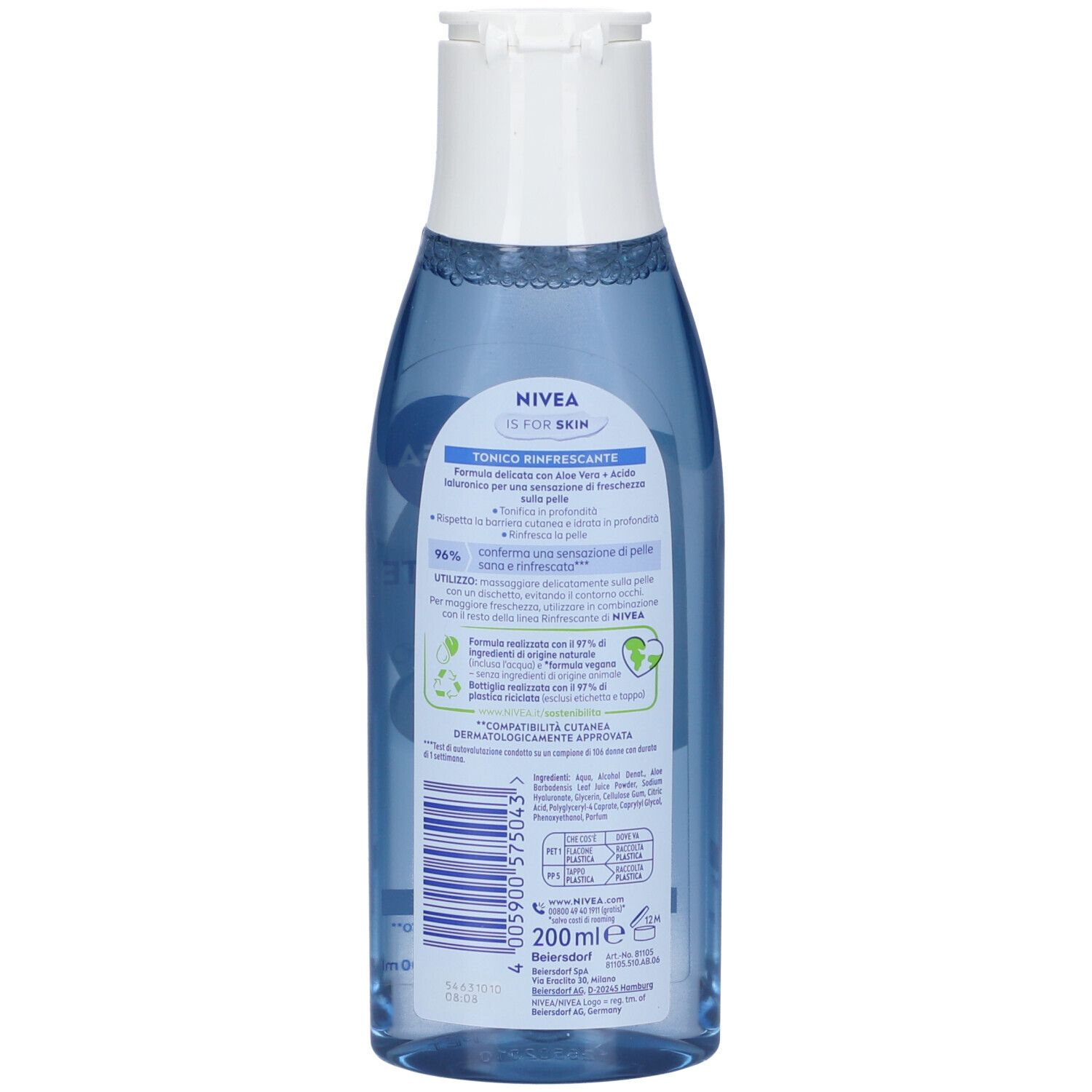 Retro del flacone. Scritta: NIVEA, TONICO RINFRESCANTE. Testo sugli ingredienti e l'uso. Sigillo vegano. 200 ml.
