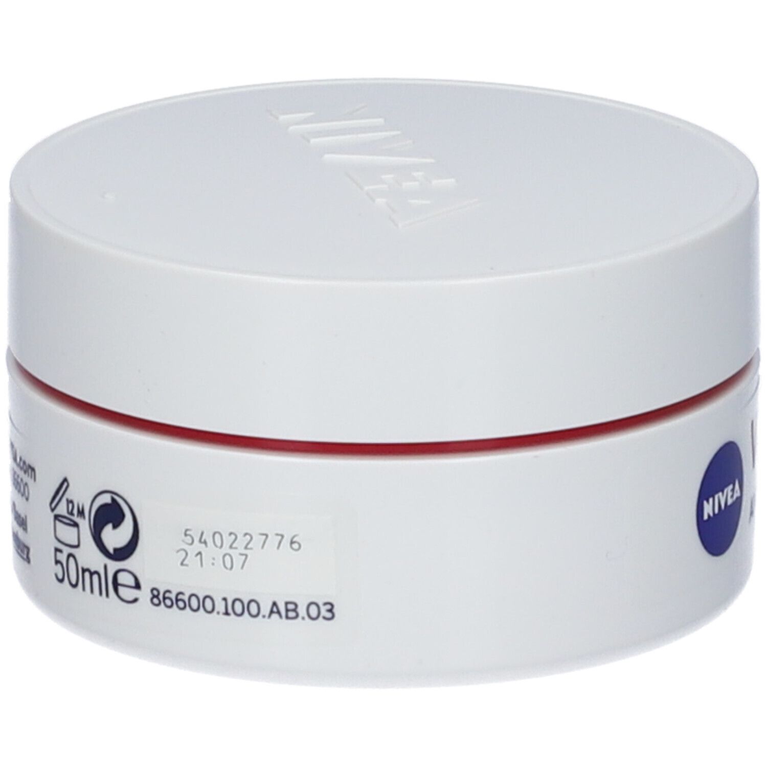 Vasetto bianco con anello rosso. Scritte: 50ml, dati di produzione. Logo NIVEA. Simbolo di riciclaggio.