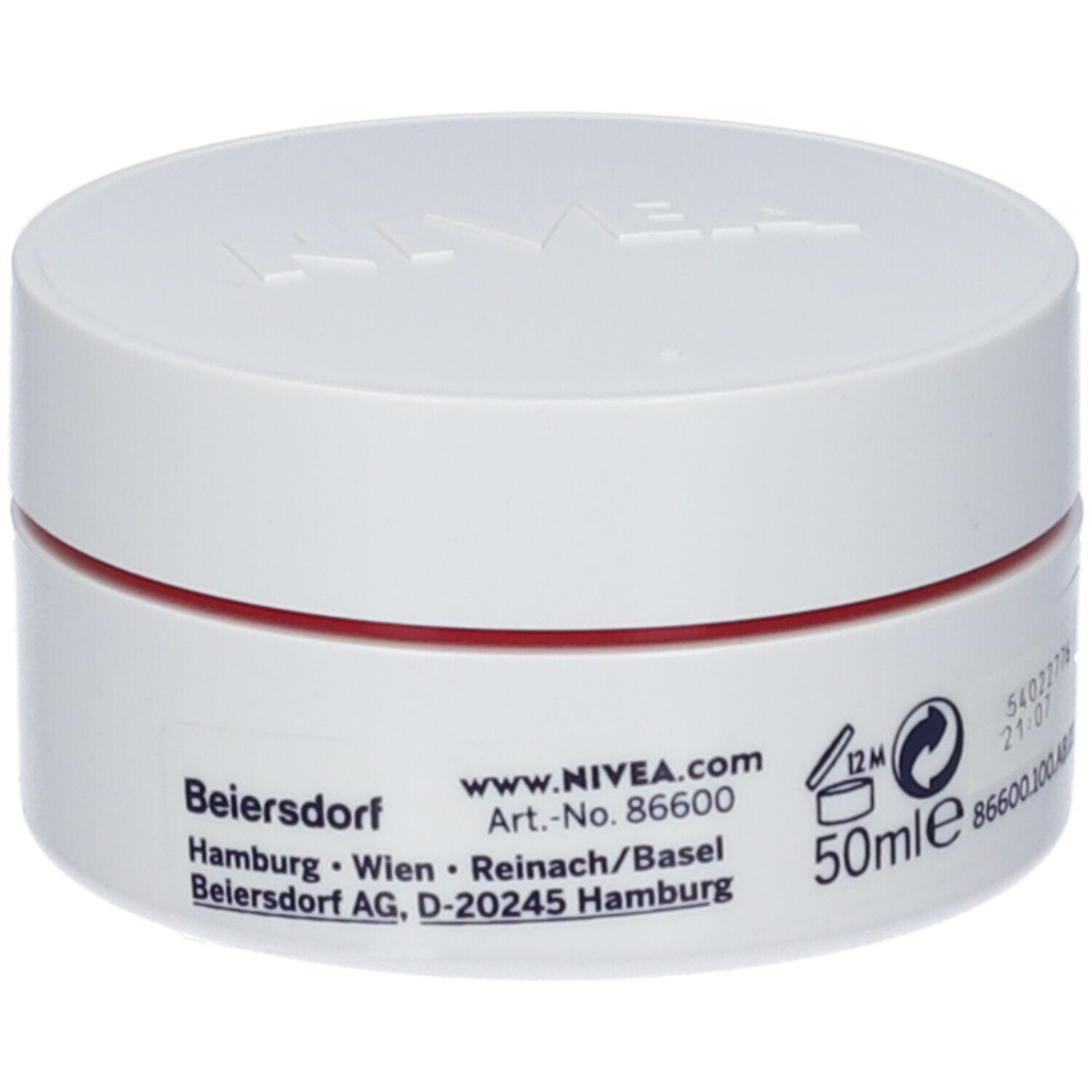 Vasetto bianco con anello rosso. Scritte: www.NIVEA.com, Art.-Nr. 86600, indirizzo. 50ml. Simbolo di riciclaggio.