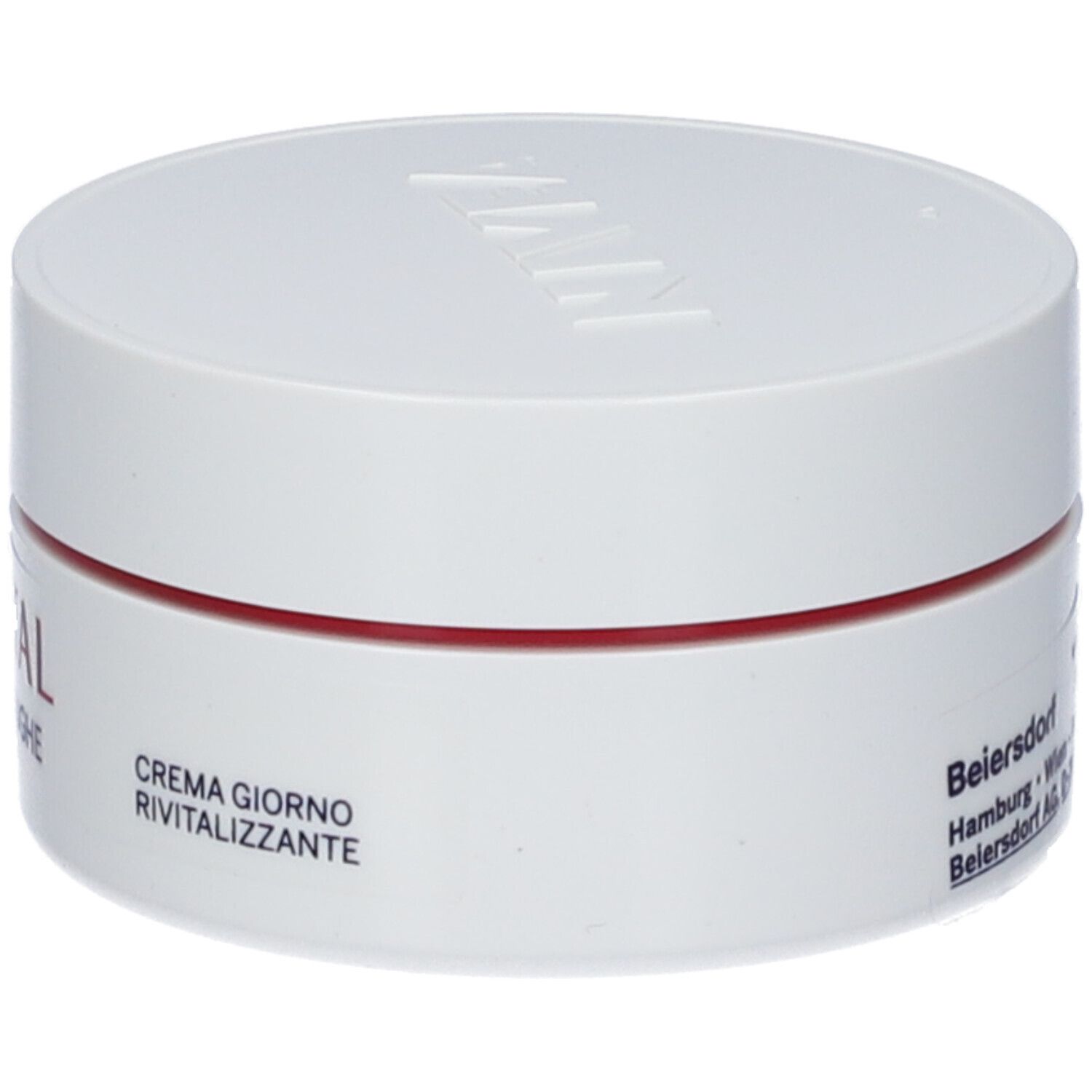 Vasetto bianco con anello rosso. Scritte: CREMA GIORNO RIVITALIZZANTE. Indirizzo. Coperchio con logo NIVEA.