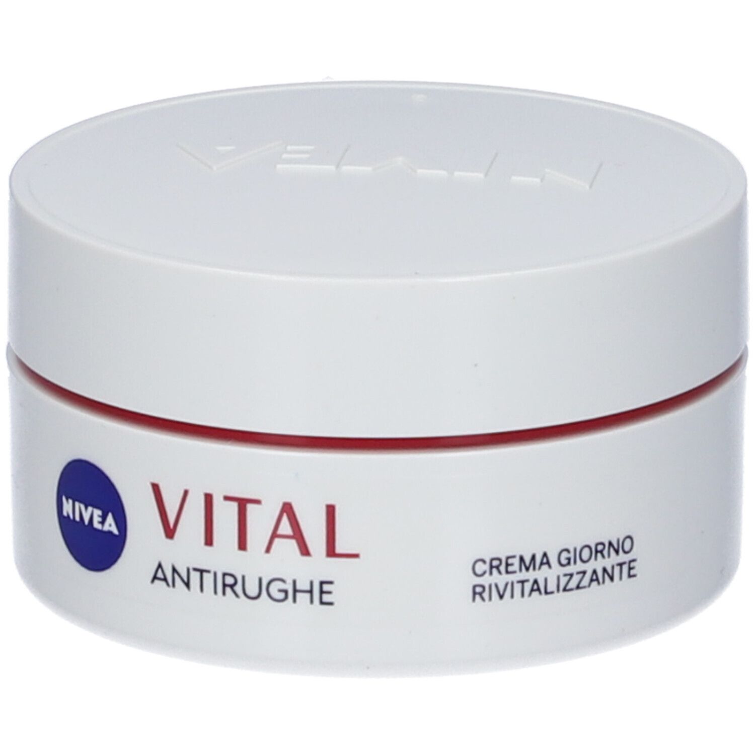 Vasetto bianco con anello rosso. Scritte: NIVEA, VITAL, ANTIRUGHE, CREMA GIORNO RIVITALIZZANTE. Coperchio con logo NIVEA.