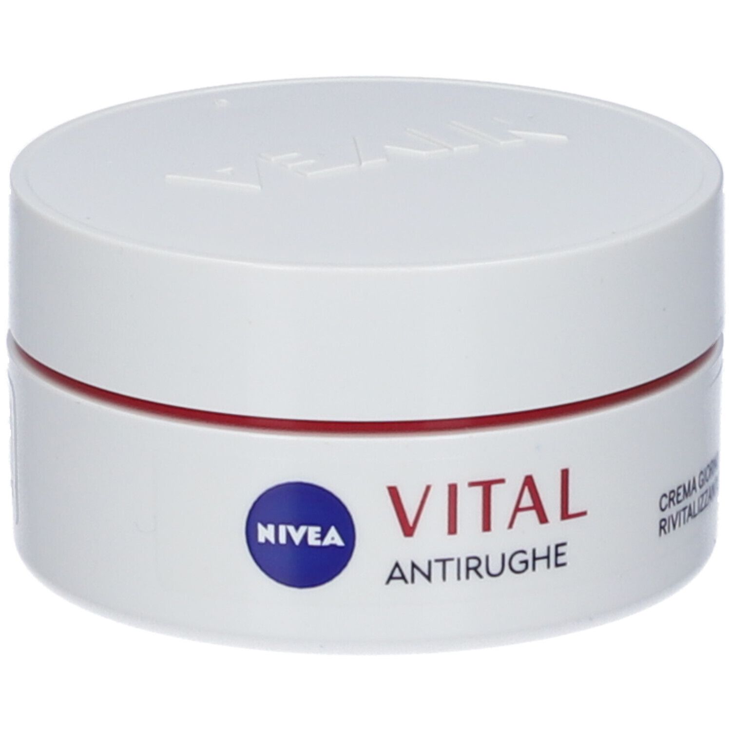 Vasetto bianco con anello rosso. Scritte: NIVEA, VITAL, ANTIRUGHE, CREMA GIORNO RIVITALIZZANTE. Coperchio con logo NIVEA.