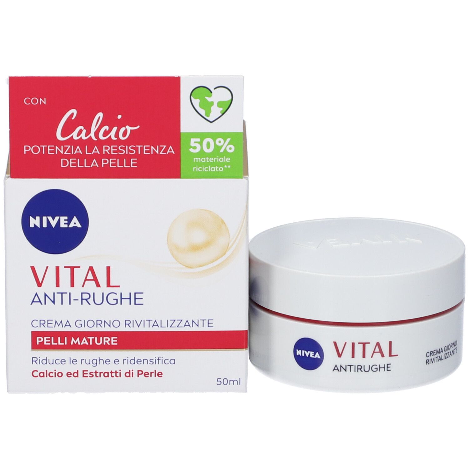 Confezione e vasetto. Confezione: rosso-bianco, scritte: NIVEA, VITAL, ANTIRUGHE, CREMA GIORNO RIVITALIZZANTE. Vasetto: bianco, rosso.