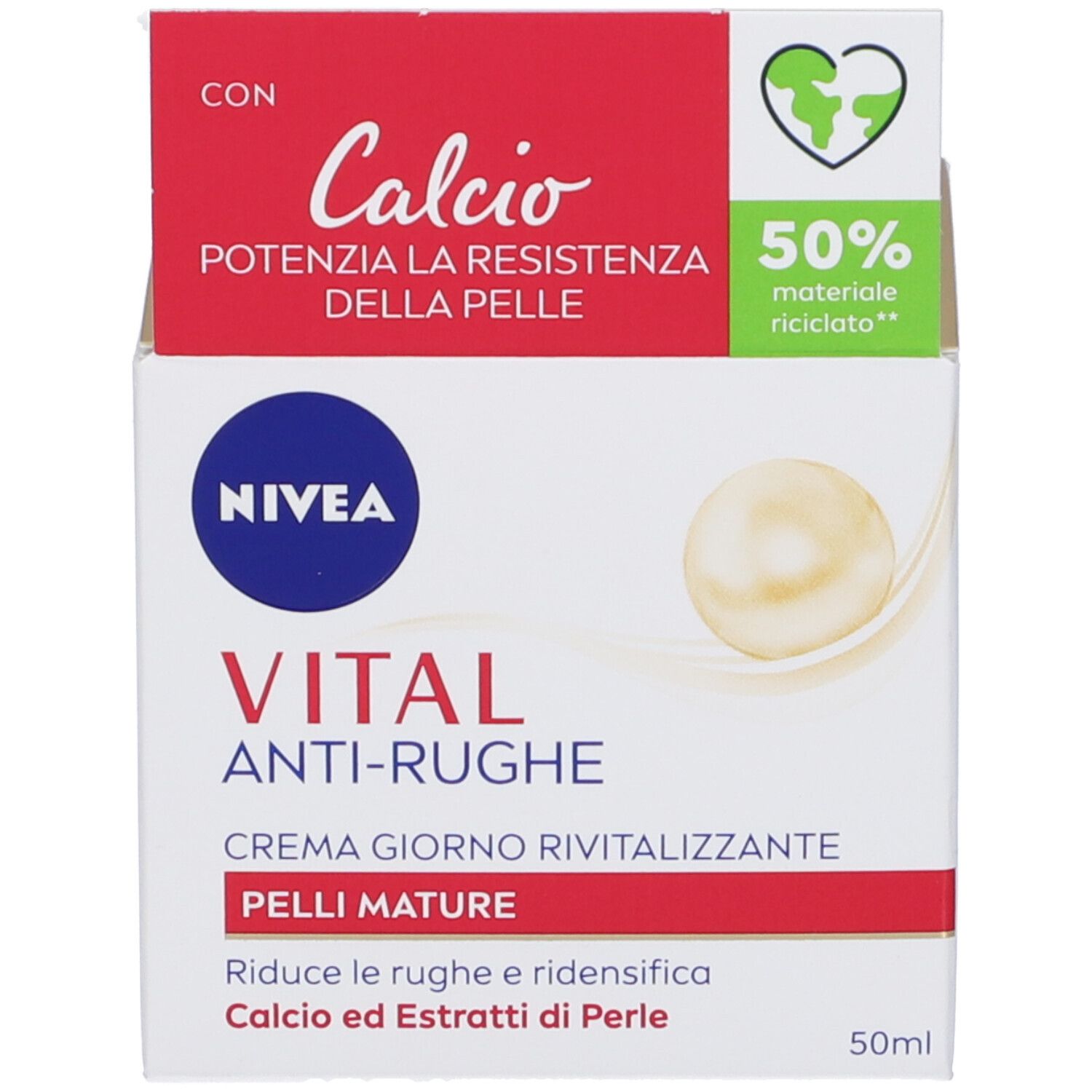 Confezione del prodotto. Confezione rossa e bianca. Scritte: NIVEA, VITAL, ANTIRUGHE, CREMA GIORNO RIVITALIZZANTE, PELLI MATURE. 50ml. Simbolo di riciclaggio.