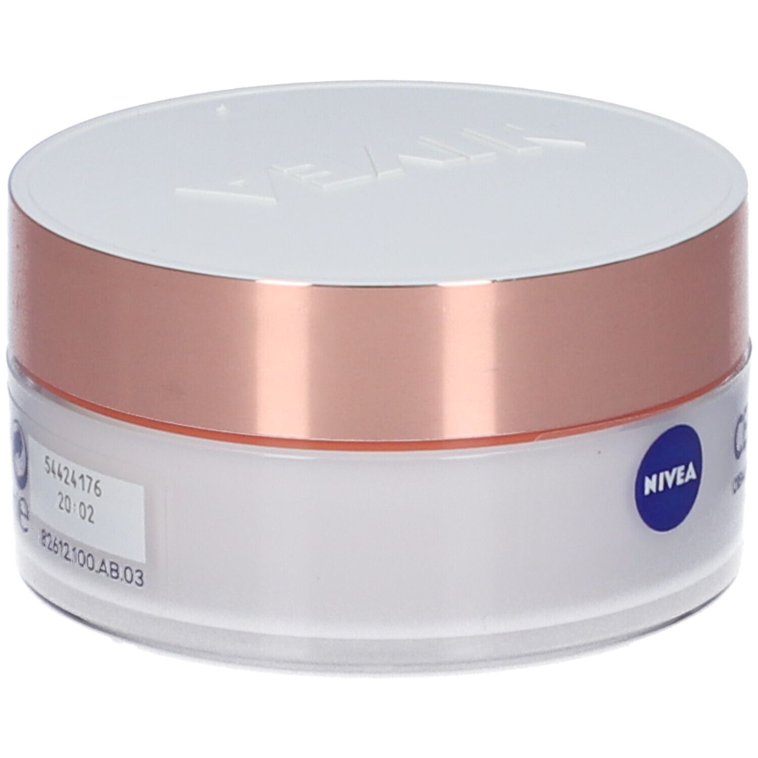 Vasetto di crema con coperchio bianco e anello oro rosa. Sul lato: informazioni e logo NIVEA. Scritta: CREMA GIORNO ANTI-ETA'.