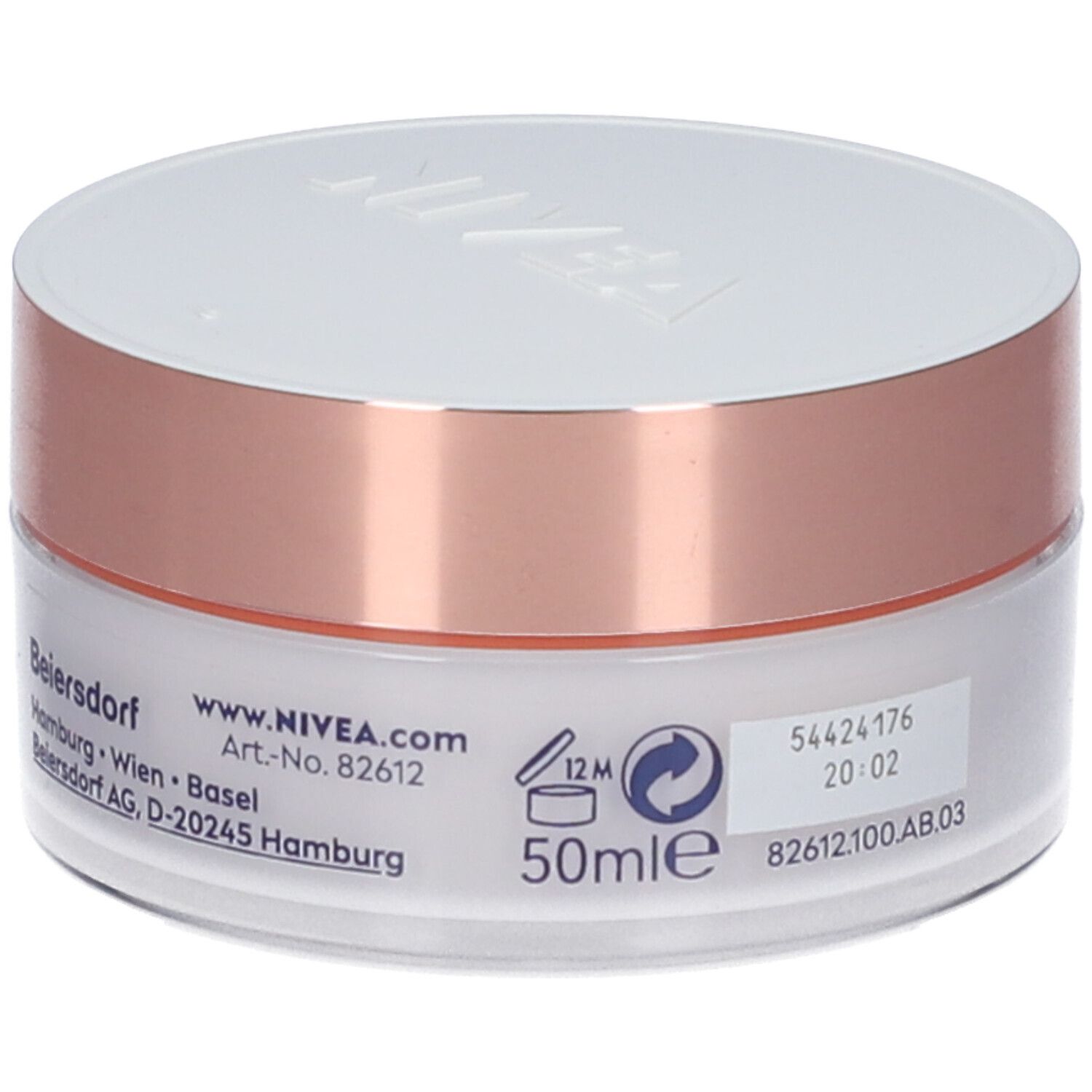 Vasetto di crema con coperchio bianco e anello oro rosa. Sul retro: informazioni, logo NIVEA, 50ml e indirizzo del produttore.