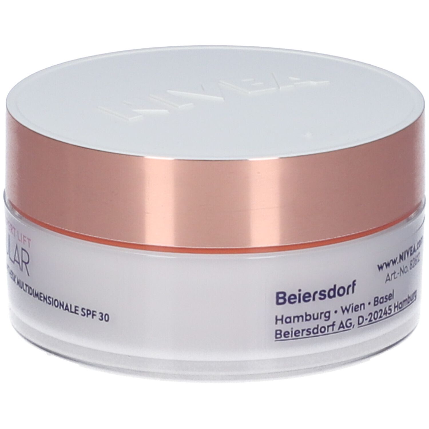 Vasetto di crema con coperchio bianco e anello oro rosa. Scritta: EXPERT LIFT CELLULAR, CREMA GIORNO ANTI-ETA' MULTIDIMENSIONALE SPF 30.