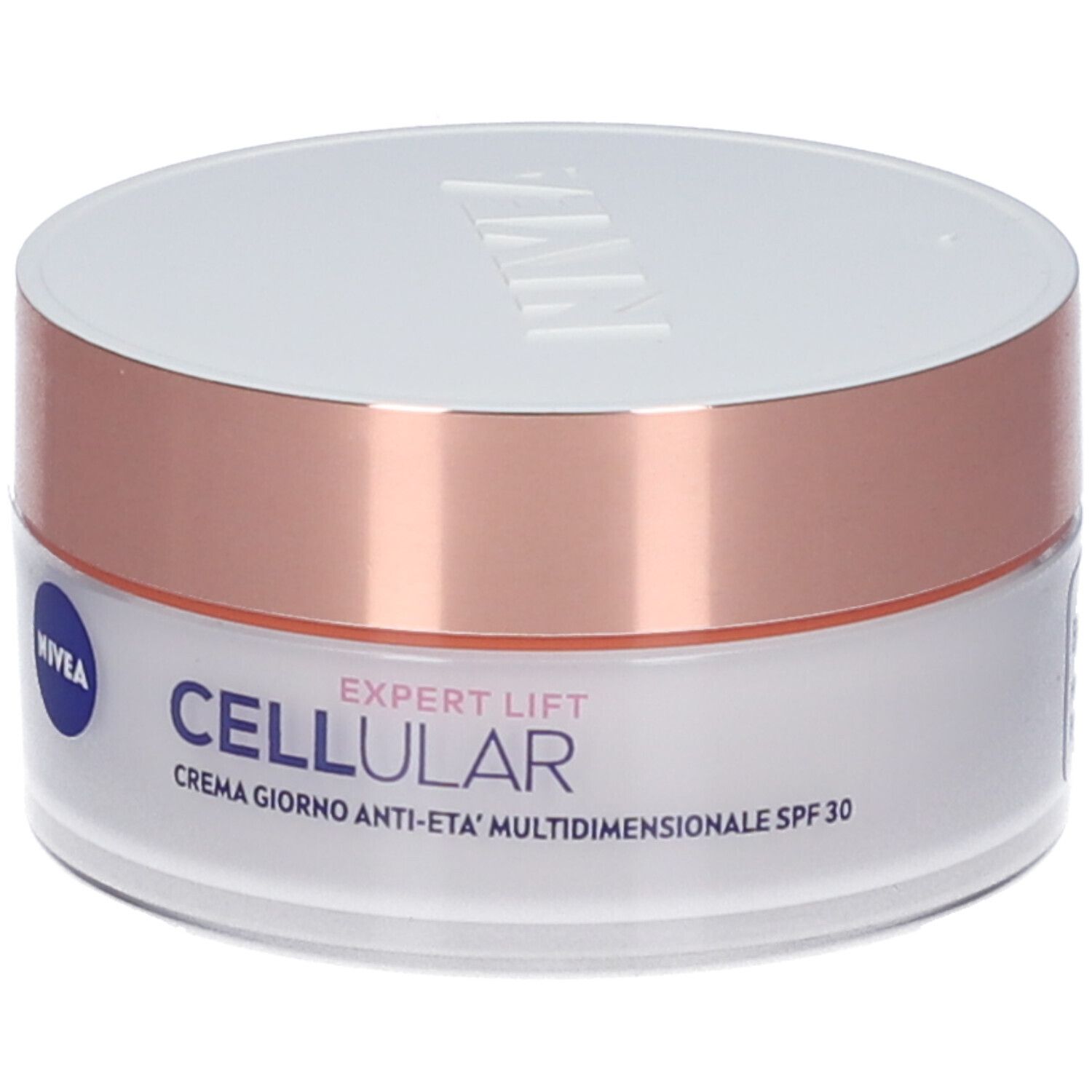 Vasetto di crema con coperchio bianco e anello oro rosa. Scritta: NIVEA, EXPERT LIFT CELLULAR, CREMA GIORNO ANTI-ETA' MULTIDIMENSIONALE SPF 30.