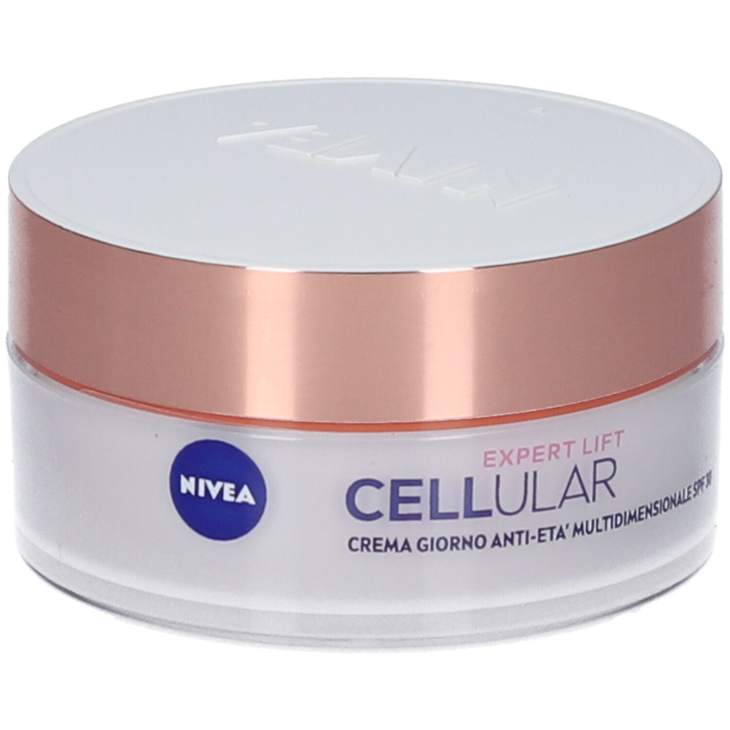 Vasetto di crema con coperchio bianco e anello oro rosa. Scritta: NIVEA, EXPERT LIFT CELLULAR, CREMA GIORNO ANTI-ETA' MULTIDIMENSIONALE SPF 30.