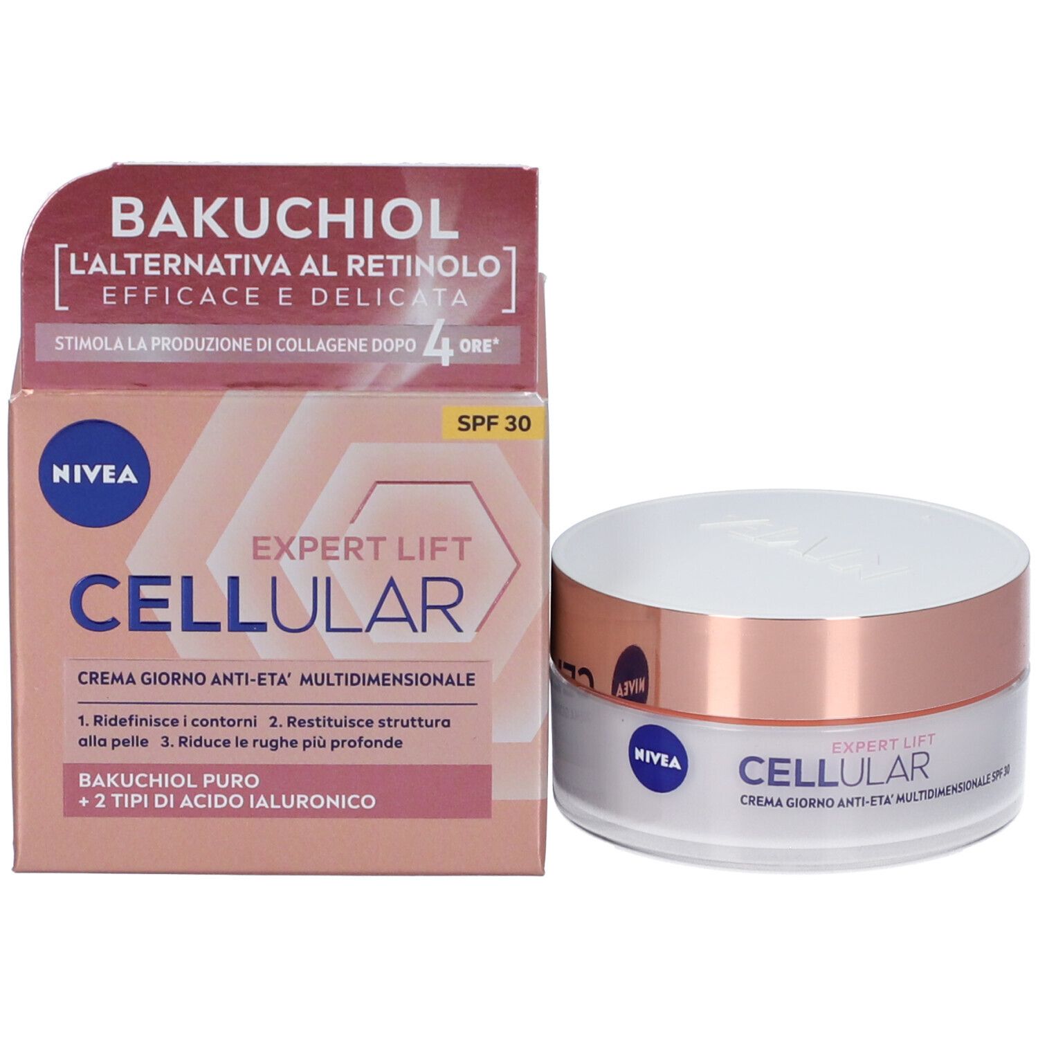 Vasetto di crema e confezione. Confezione con scritta: BAKUCHIOL, EXPERT LIFT CELLULAR, CREMA GIORNO ANTI-ETA' MULTIDIMENSIONALE.
