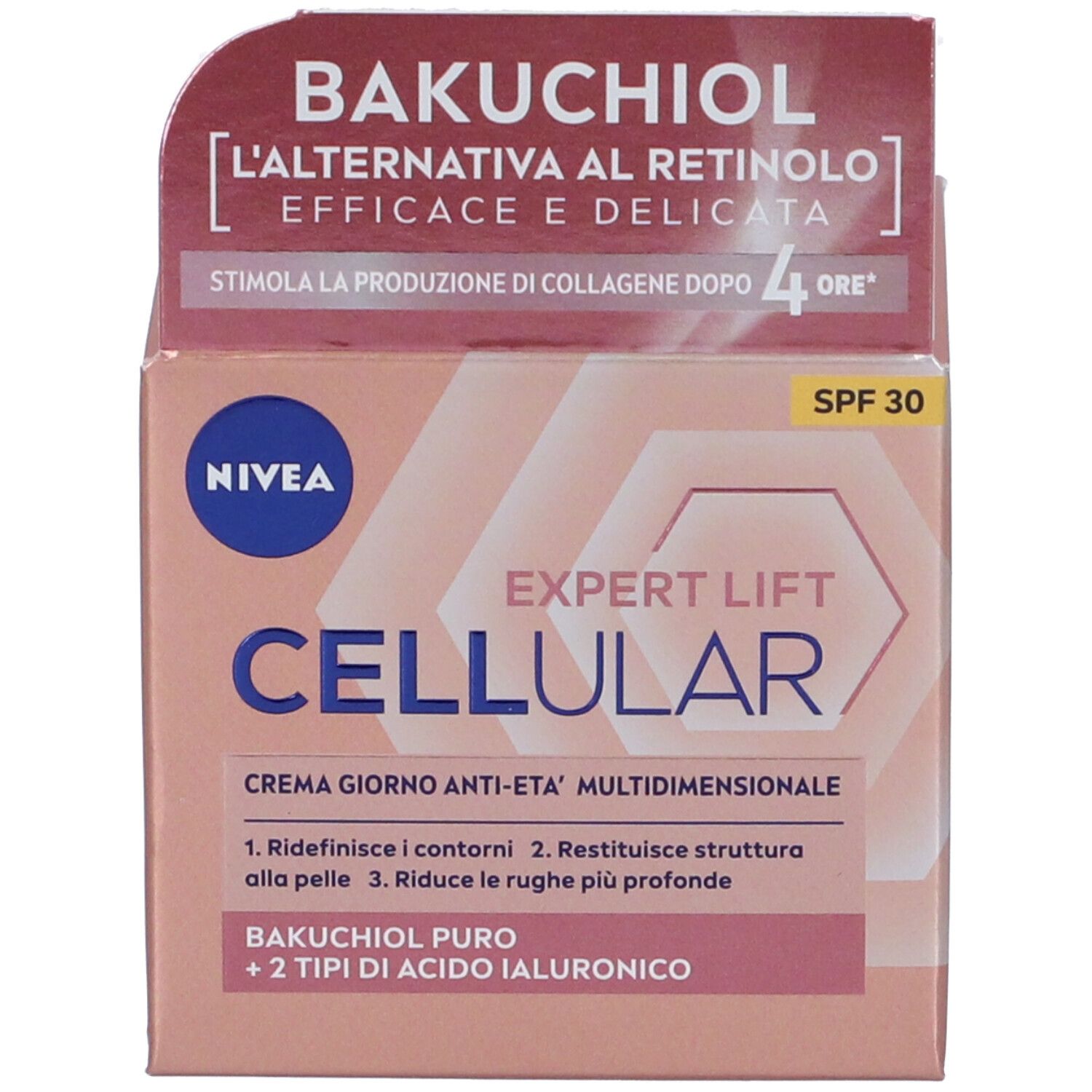 Confezione con scritta: BAKUCHIOL, EXPERT LIFT CELLULAR, CREMA GIORNO ANTI-ETA' MULTIDIMENSIONALE. Logo NIVEA.