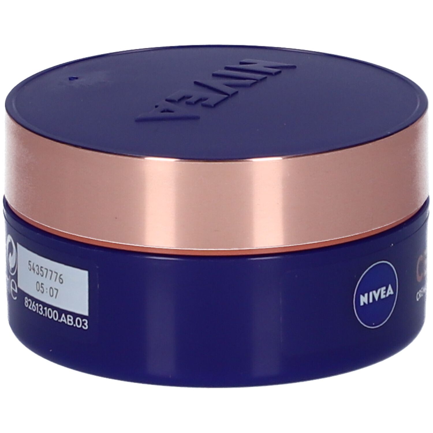 Vaso blu e oro. Sul retro: numero di lotto, data di scadenza e altre informazioni. Marchio NIVEA.