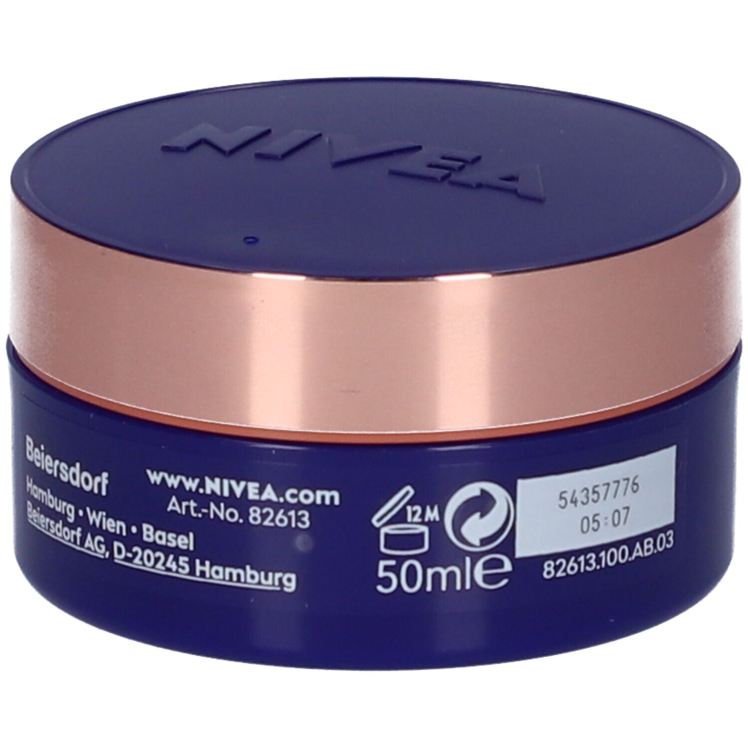 Vaso blu e oro. Sul retro: informazioni su produttore, ingredienti e numero di lotto. Marchio NIVEA.