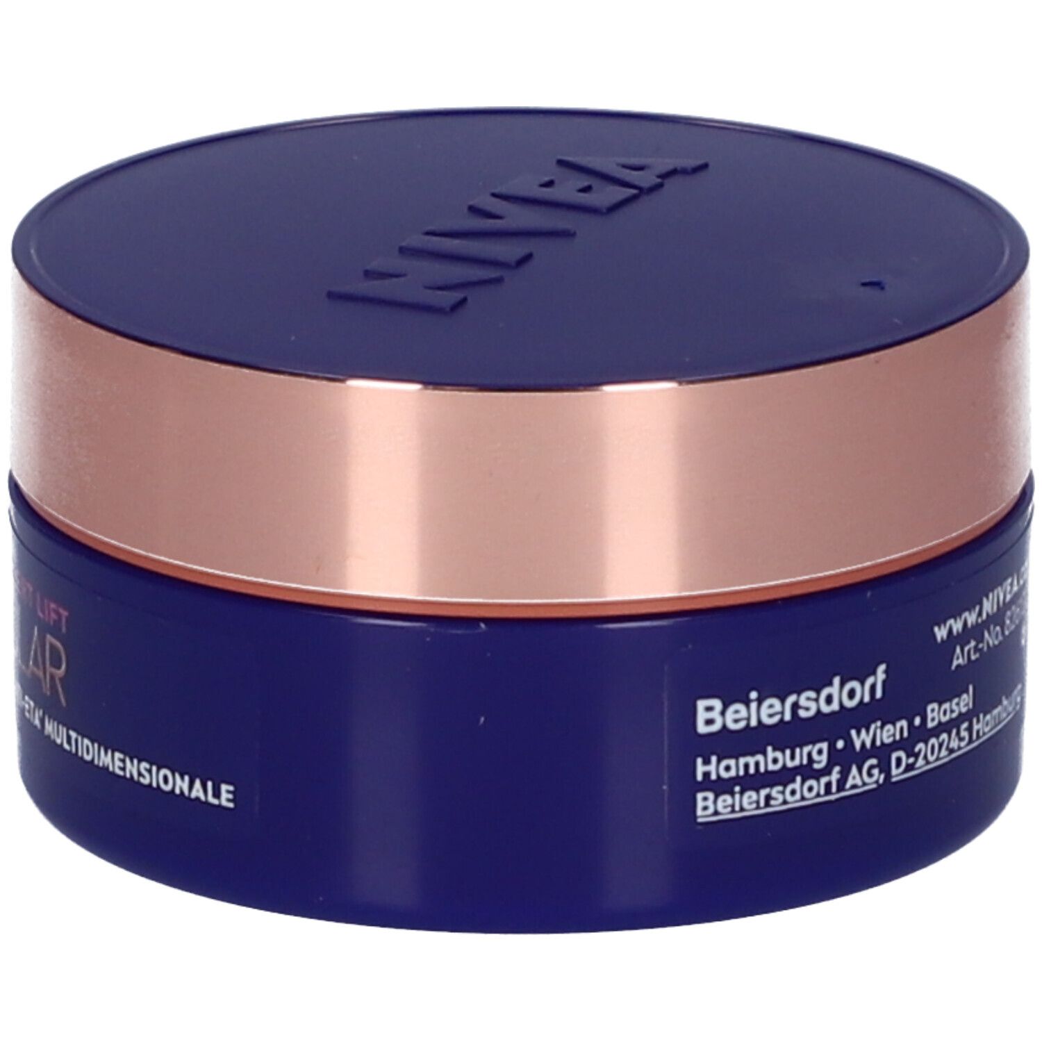 Vaso blu e oro. Sul retro: informazioni sul produttore e numero di lotto. Marchio NIVEA.